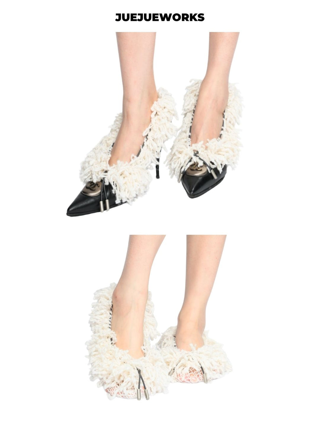 JUEJUEWORKS Hand-Knit Fringe Half-Socks in Chalk White | Artisan Tassel Toeless Socks with Metal Drawstring