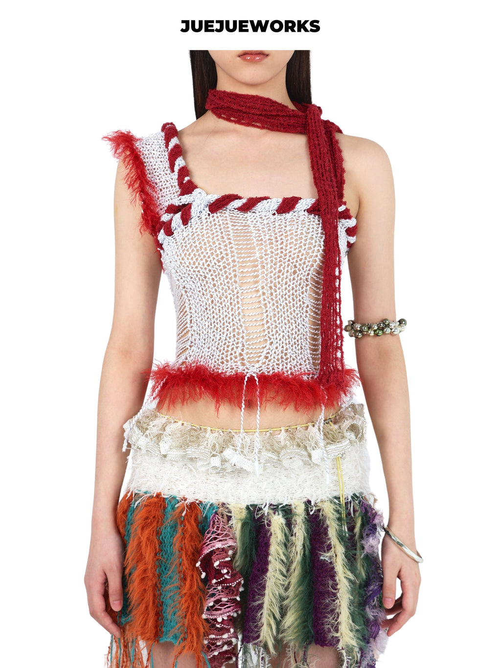 JUEJUEWORKS White Red Rambutan Asymmetric Knit Cami, Original High Stretch Hand-Knit Yarn Top
