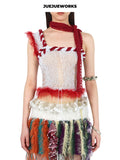 JUEJUEWORKS White Red Rambutan Asymmetric Knit Cami, Original High Stretch Hand-Knit Yarn Top