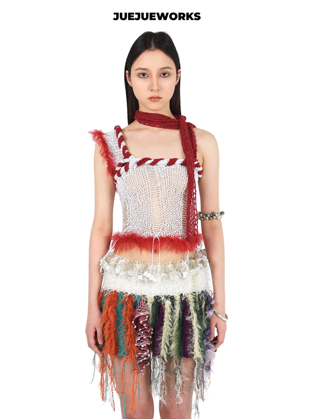 JUEJUEWORKS White Red Rambutan Asymmetric Knit Cami, Original High Stretch Hand-Knit Yarn Top
