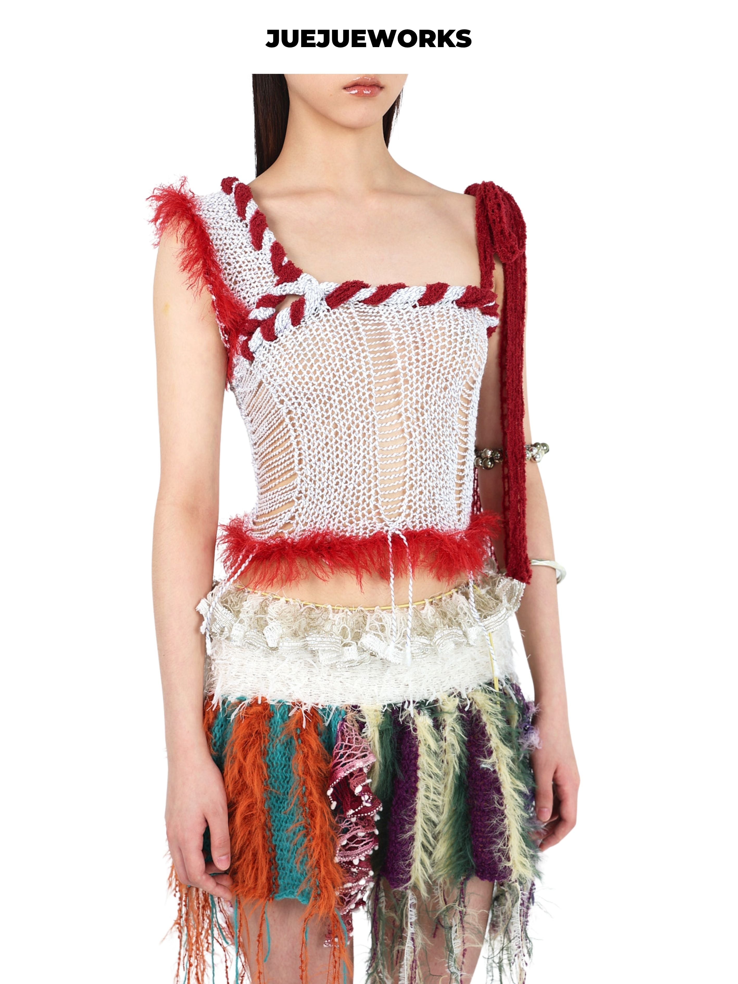 JUEJUEWORKS White Red Rambutan Asymmetric Knit Cami, Original High Stretch Hand-Knit Yarn Top