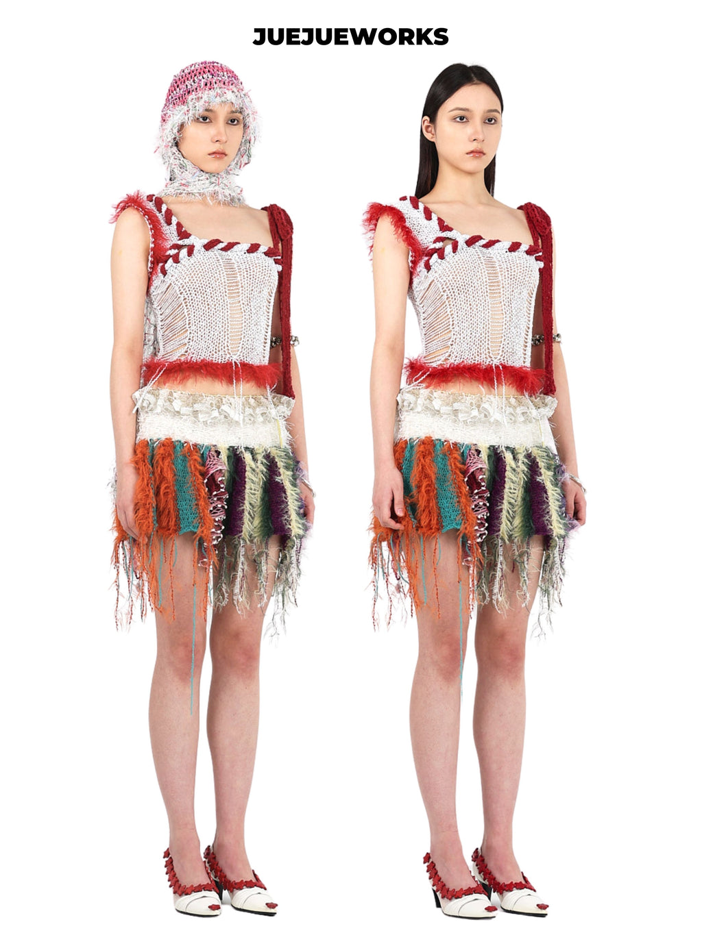 JUEJUEWORKS White Red Rambutan Asymmetric Knit Cami, Original High Stretch Hand-Knit Yarn Top