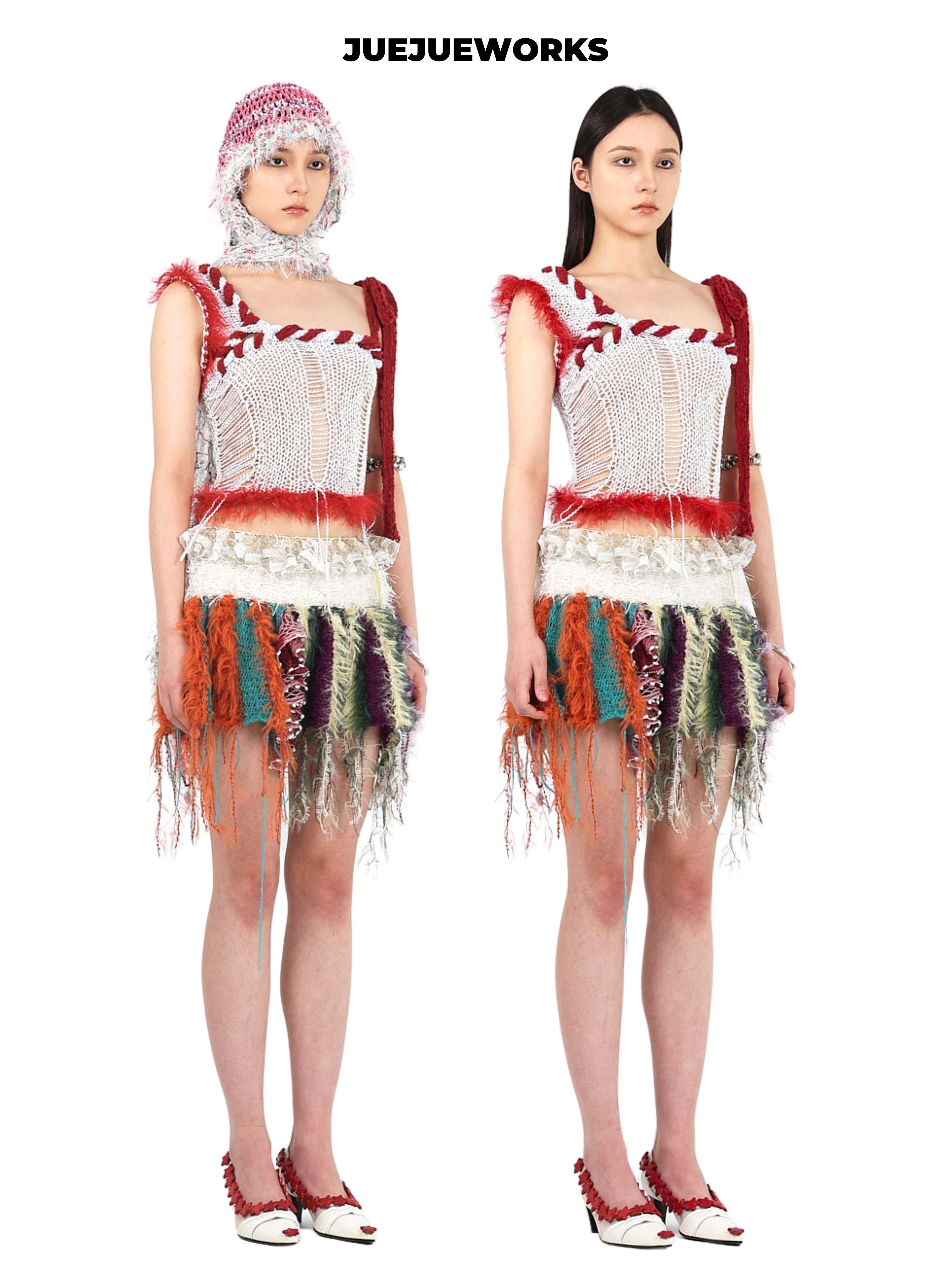 JUEJUEWORKS White Red Rambutan Asymmetric Knit Cami, Original High Stretch Hand-Knit Yarn Top
