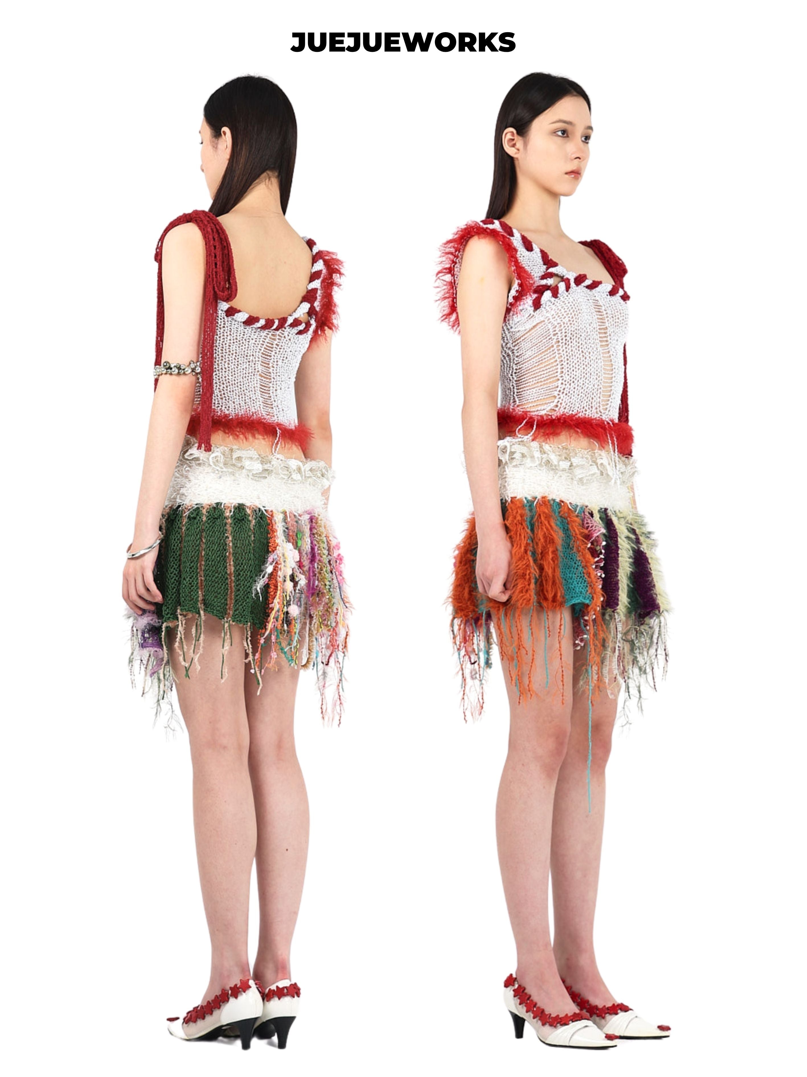 JUEJUEWORKS White Red Rambutan Asymmetric Knit Cami, Original High Stretch Hand-Knit Yarn Top