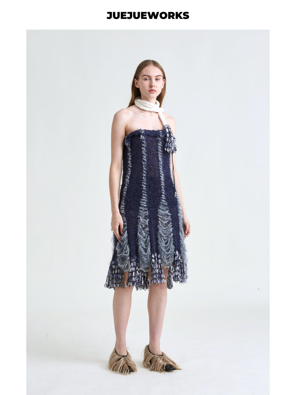 JUEJUEWORKS Dark Blue Frayed Fringe Knit Midi Skirt, Strapless Hollow Out Handmade Knit Body Skirt