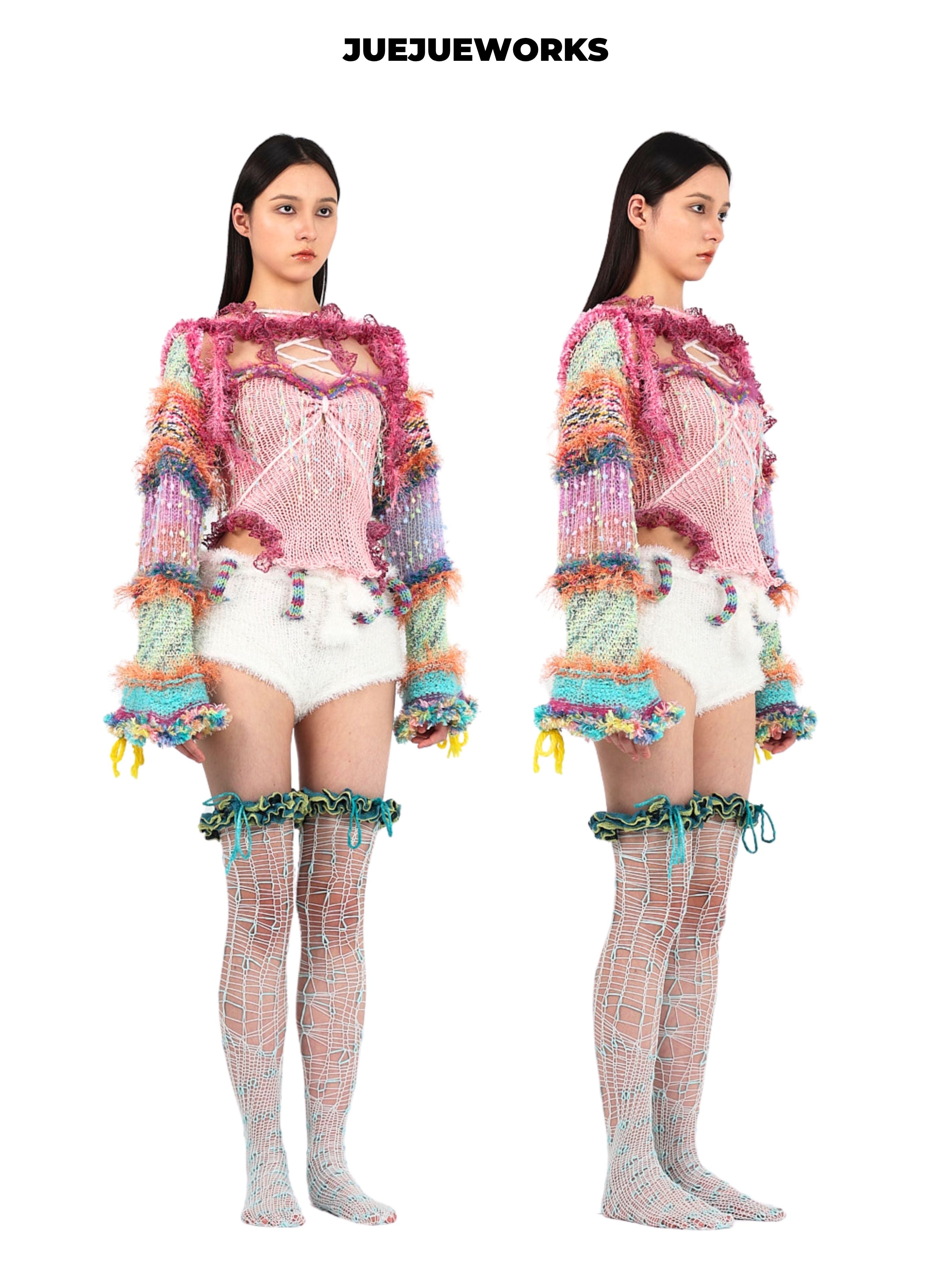 JUEJUEWORKS Princess Puff Sleeve Jacket, Original Spring High-Stretch Handmade Yarn Knit