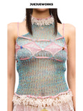 JUEJUEWORKS Sea Salt Mesh Knit Cami, Fringe Collar High Stretch Adjustable Handmade Yarn Knit Spring Top