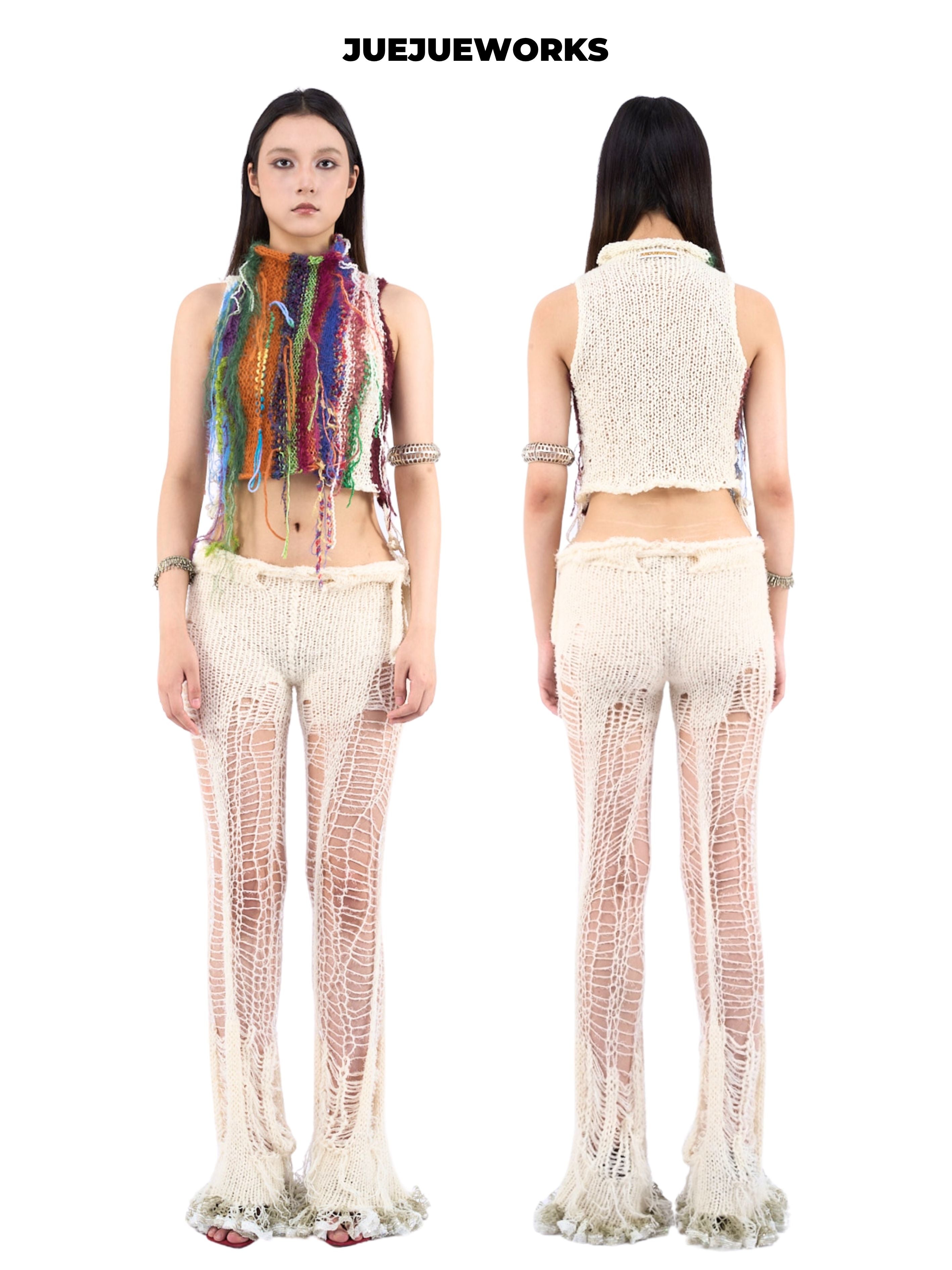 JUEJUEWORKS Multicolor Fringe Vest With Side Tie, High Stretch Breathable Slim Fit Handmade Yarn Knit