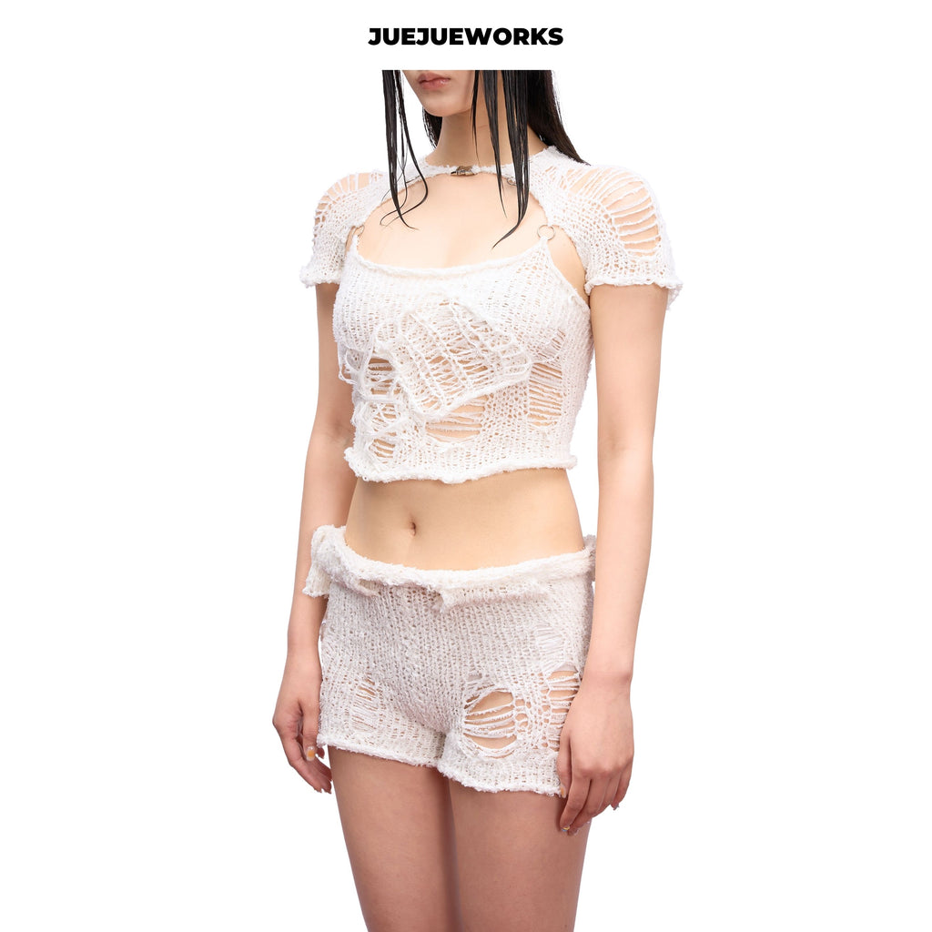 JUEJUEWORKS Solid Knit Shorts, Original Summer High Stretch Adjustable Handmade Yarn Knit Shorts