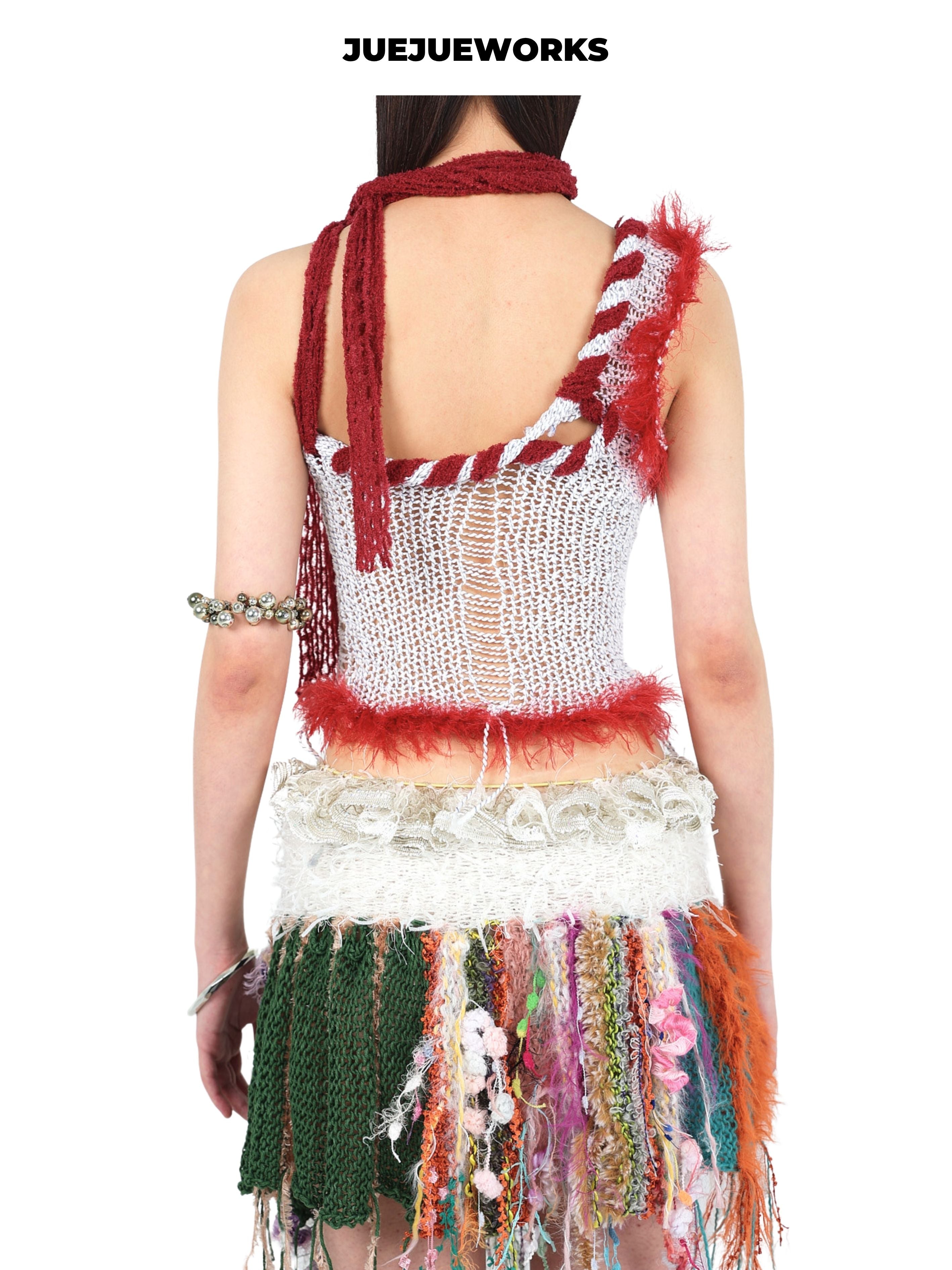 JUEJUEWORKS White Red Rambutan Asymmetric Knit Cami, Original High Stretch Hand-Knit Yarn Top