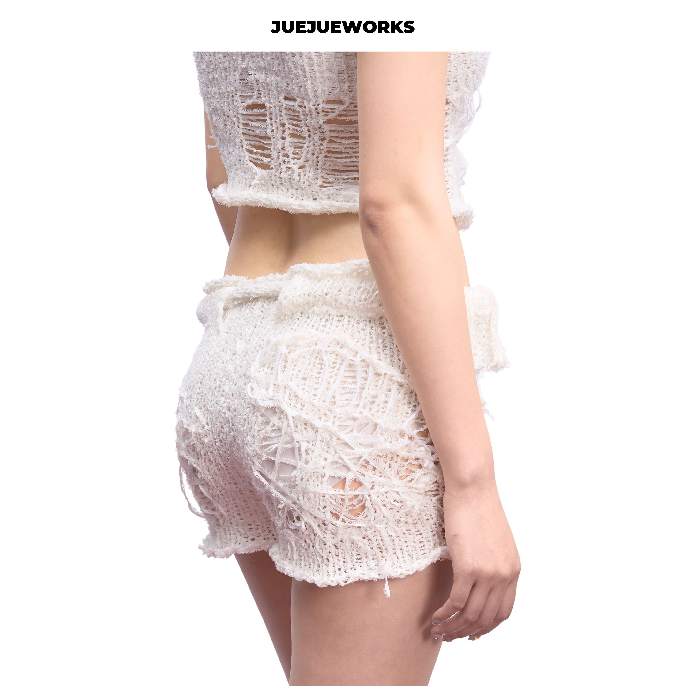 JUEJUEWORKS Solid Knit Shorts, Original Summer High Stretch Adjustable Handmade Yarn Knit Shorts