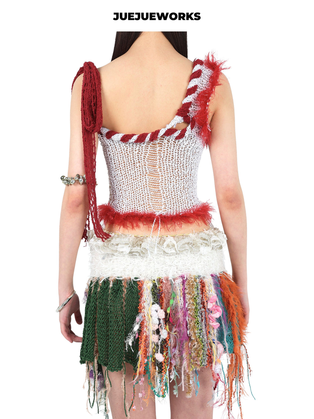 JUEJUEWORKS White Red Rambutan Asymmetric Knit Cami, Original High Stretch Hand-Knit Yarn Top