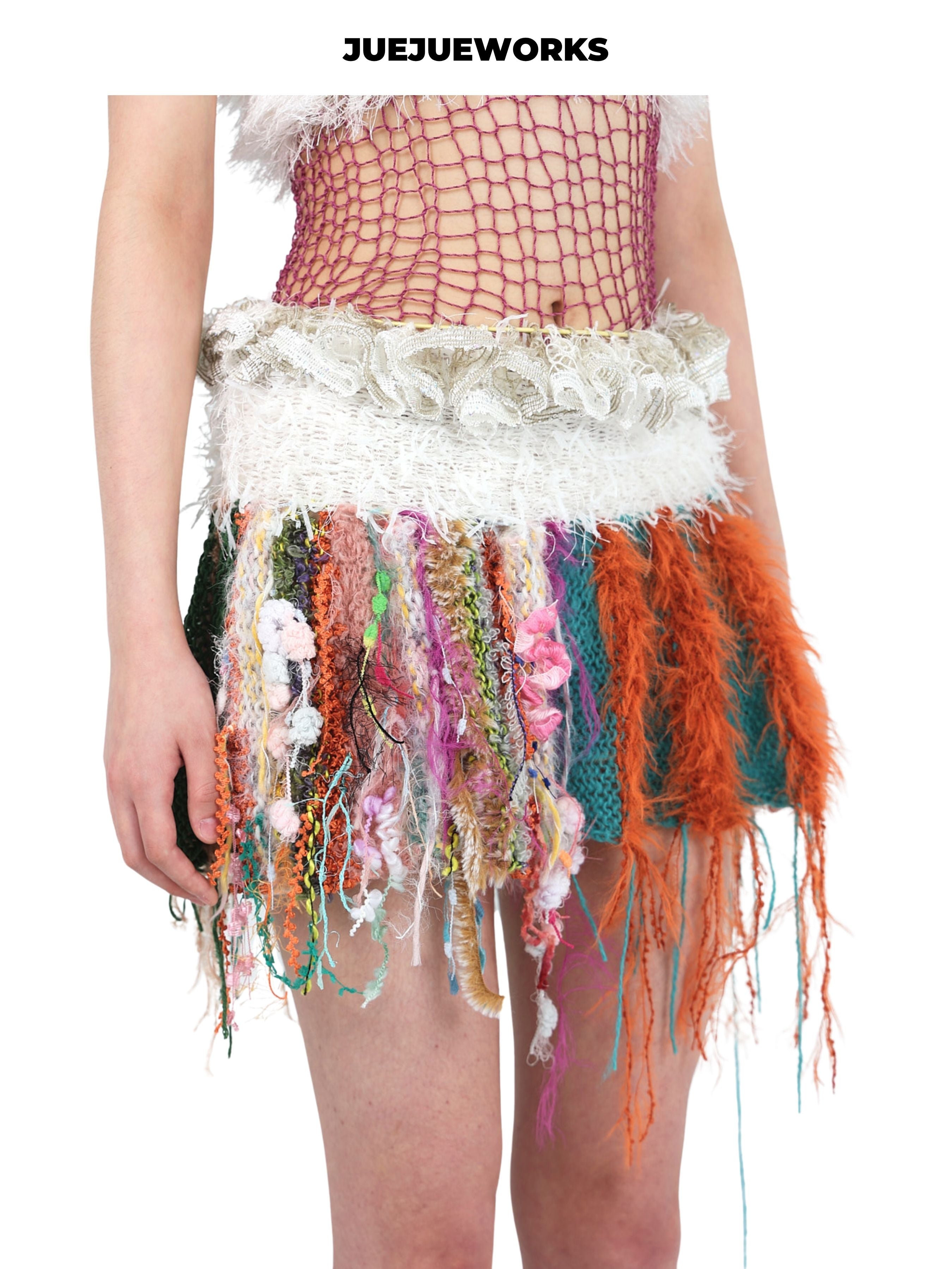 JUEJUEWORKS Original Cherry Mini Skirt, Pure Handmade Yarn Knit Skirt for Spring & Summer