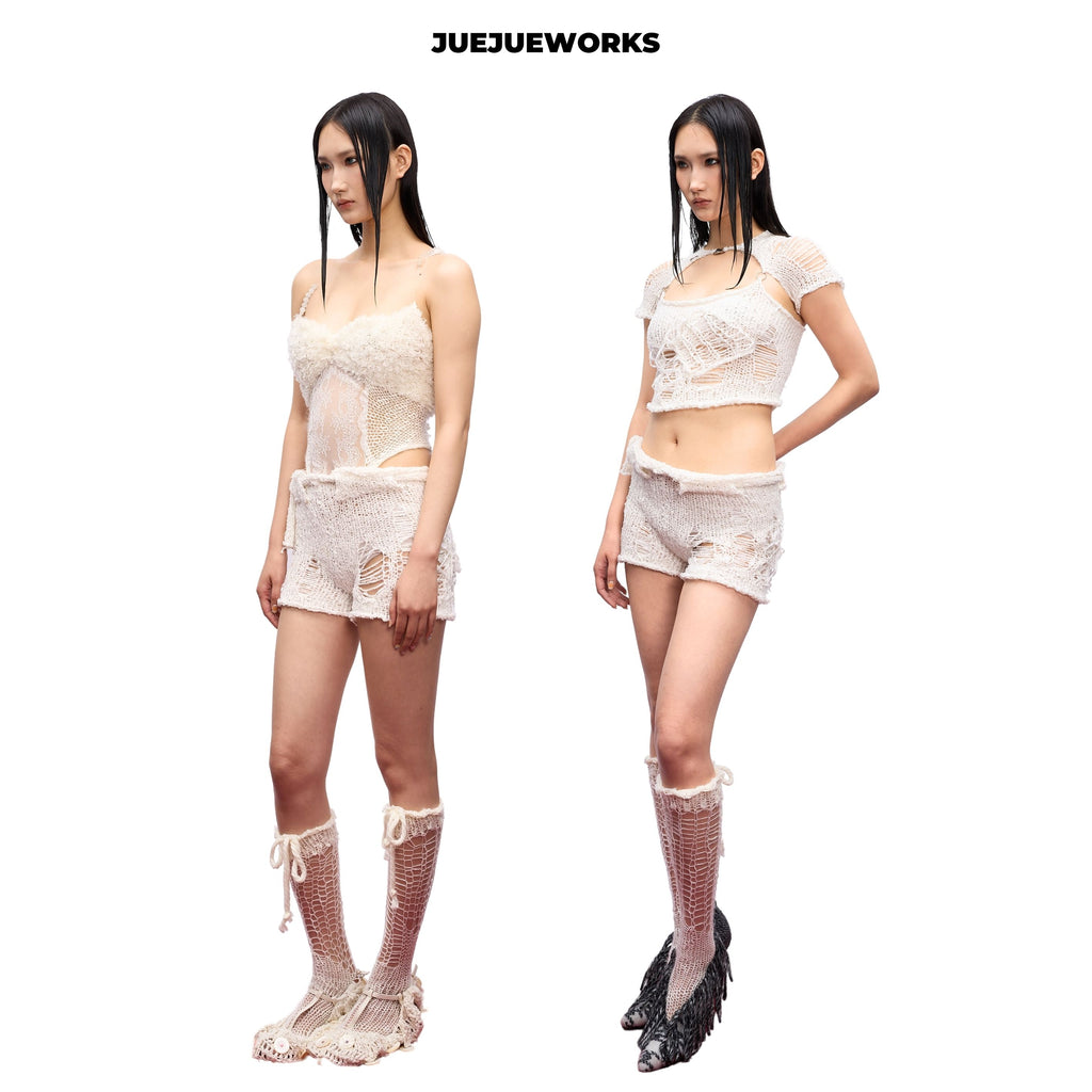 JUEJUEWORKS Solid Knit Shorts, Original Summer High Stretch Adjustable Handmade Yarn Knit Shorts