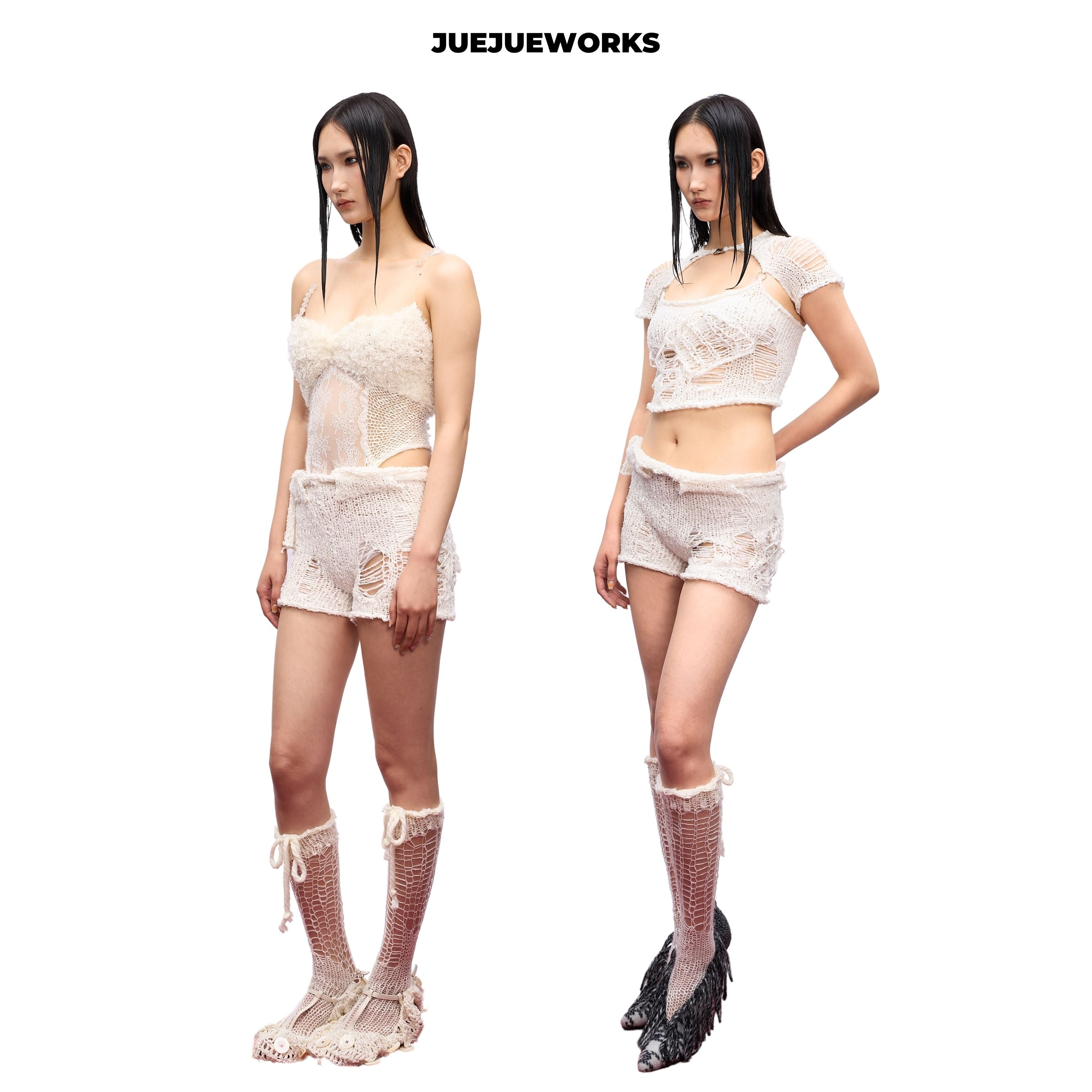 JUEJUEWORKS Solid Knit Shorts, Original Summer High Stretch Adjustable Handmade Yarn Knit Shorts