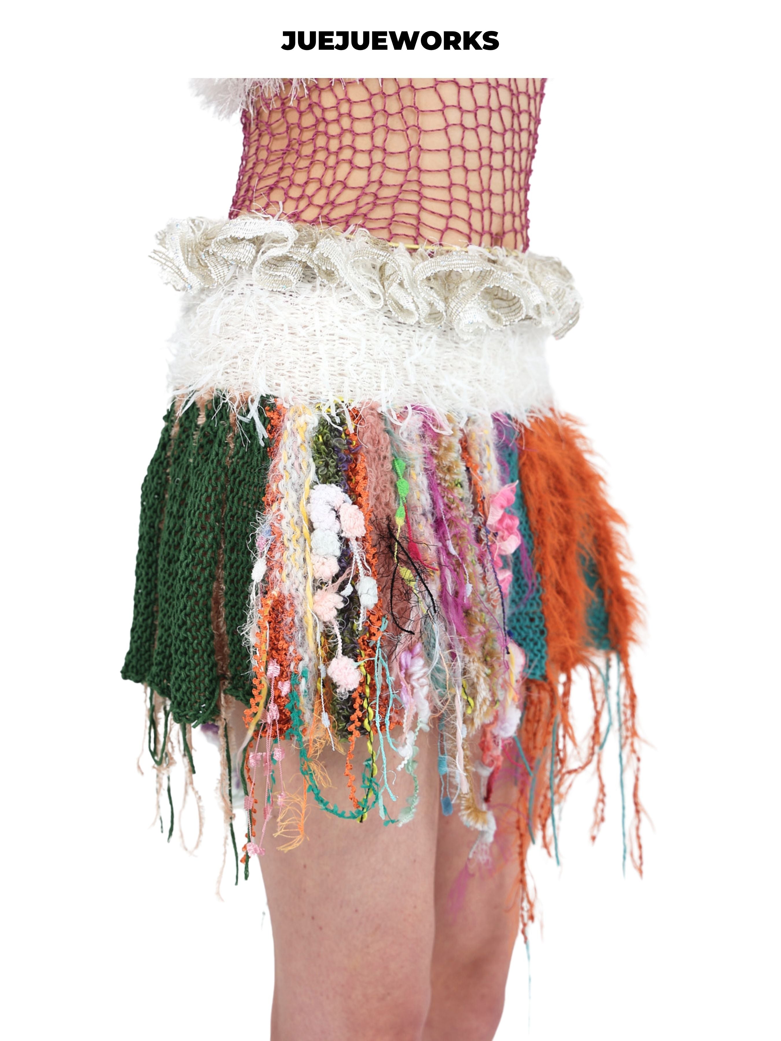 JUEJUEWORKS Original Cherry Mini Skirt, Pure Handmade Yarn Knit Skirt for Spring & Summer