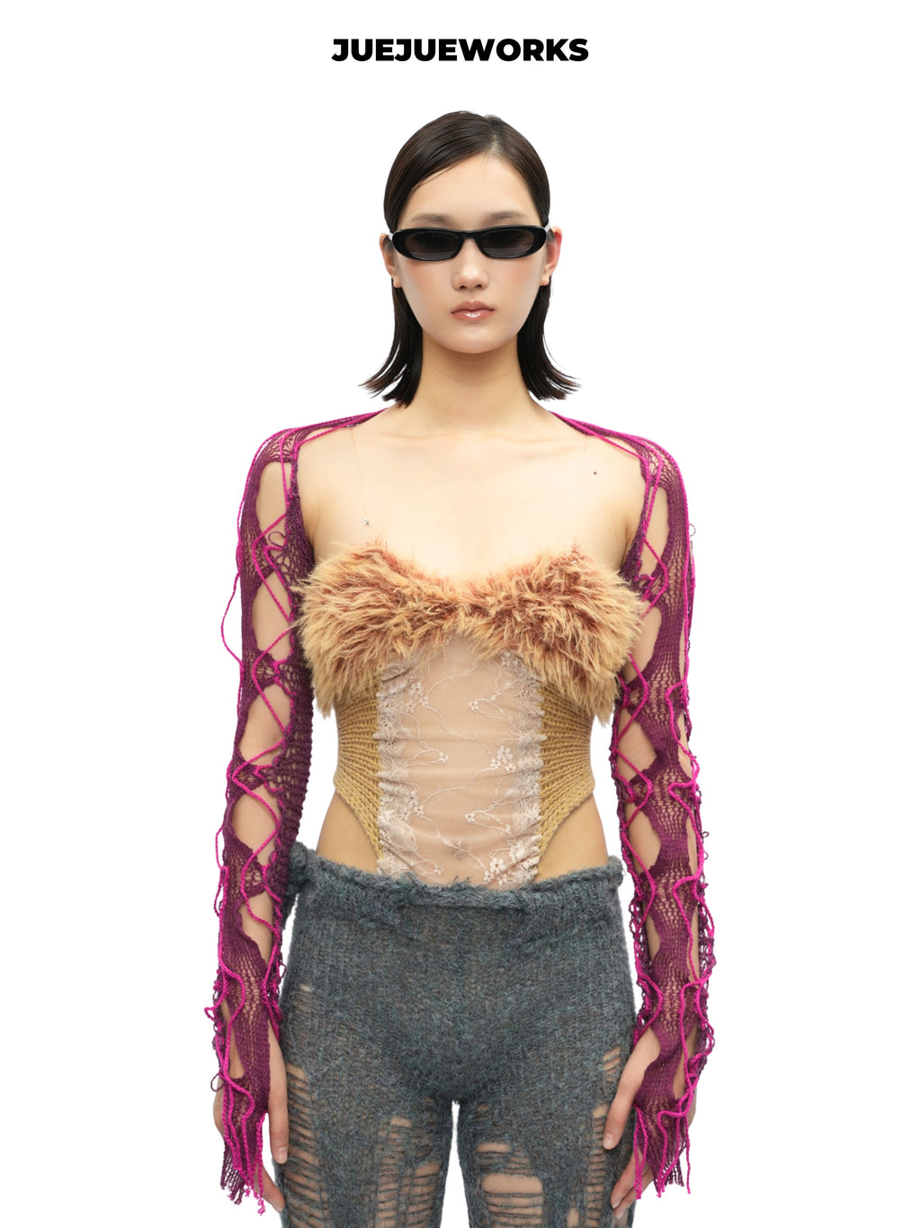 JUEJUEWORKS Golden Feather Fuzzy Trim Tube Top With Mesh Shrug, Sheer Hollow Out High Stretch Adjustable Handmade Yarn Knit Spring Crop Top