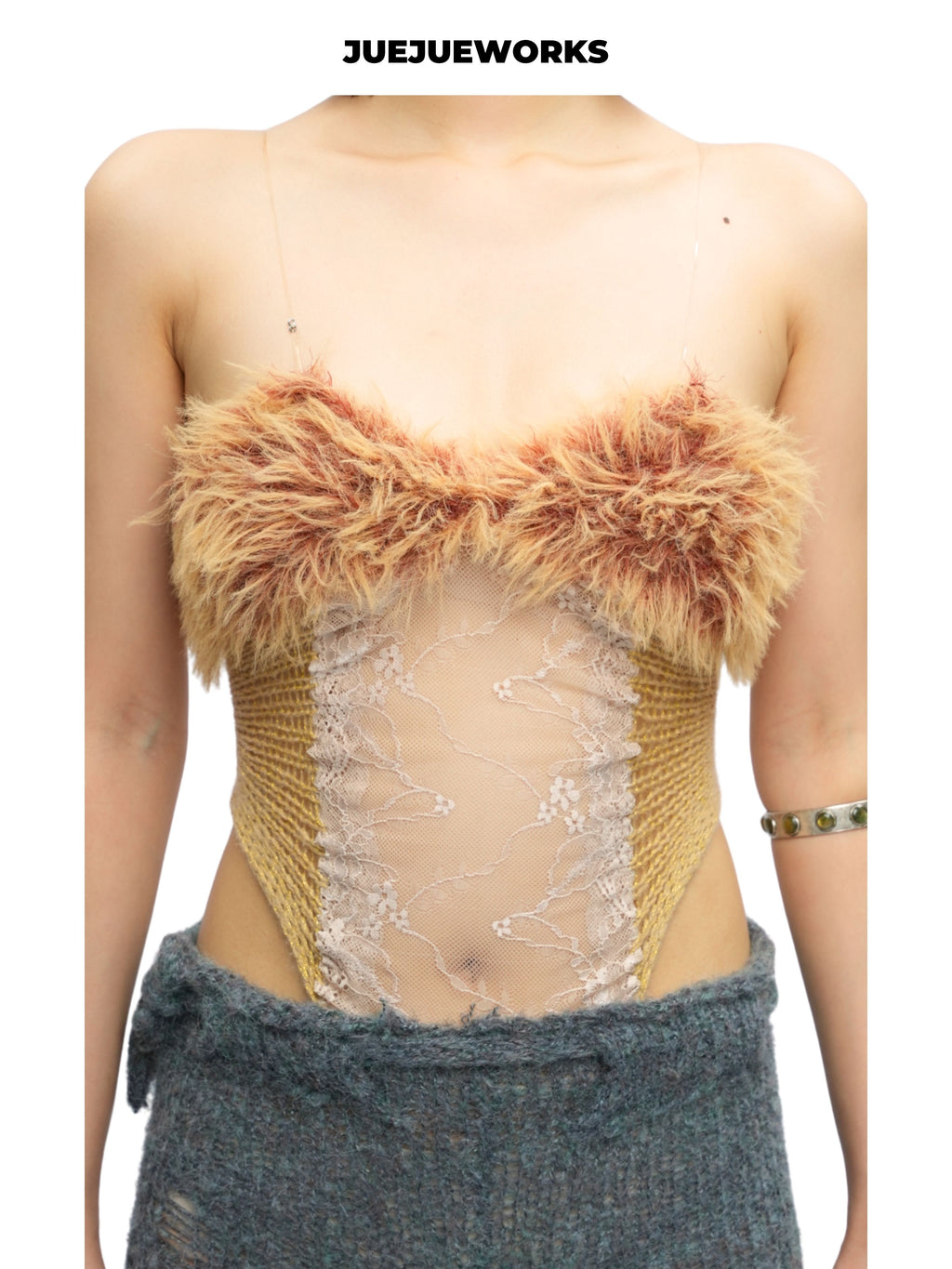 JUEJUEWORKS Golden Feather Fuzzy Trim Tube Top With Mesh Shrug, Sheer Hollow Out High Stretch Adjustable Handmade Yarn Knit Spring Crop Top