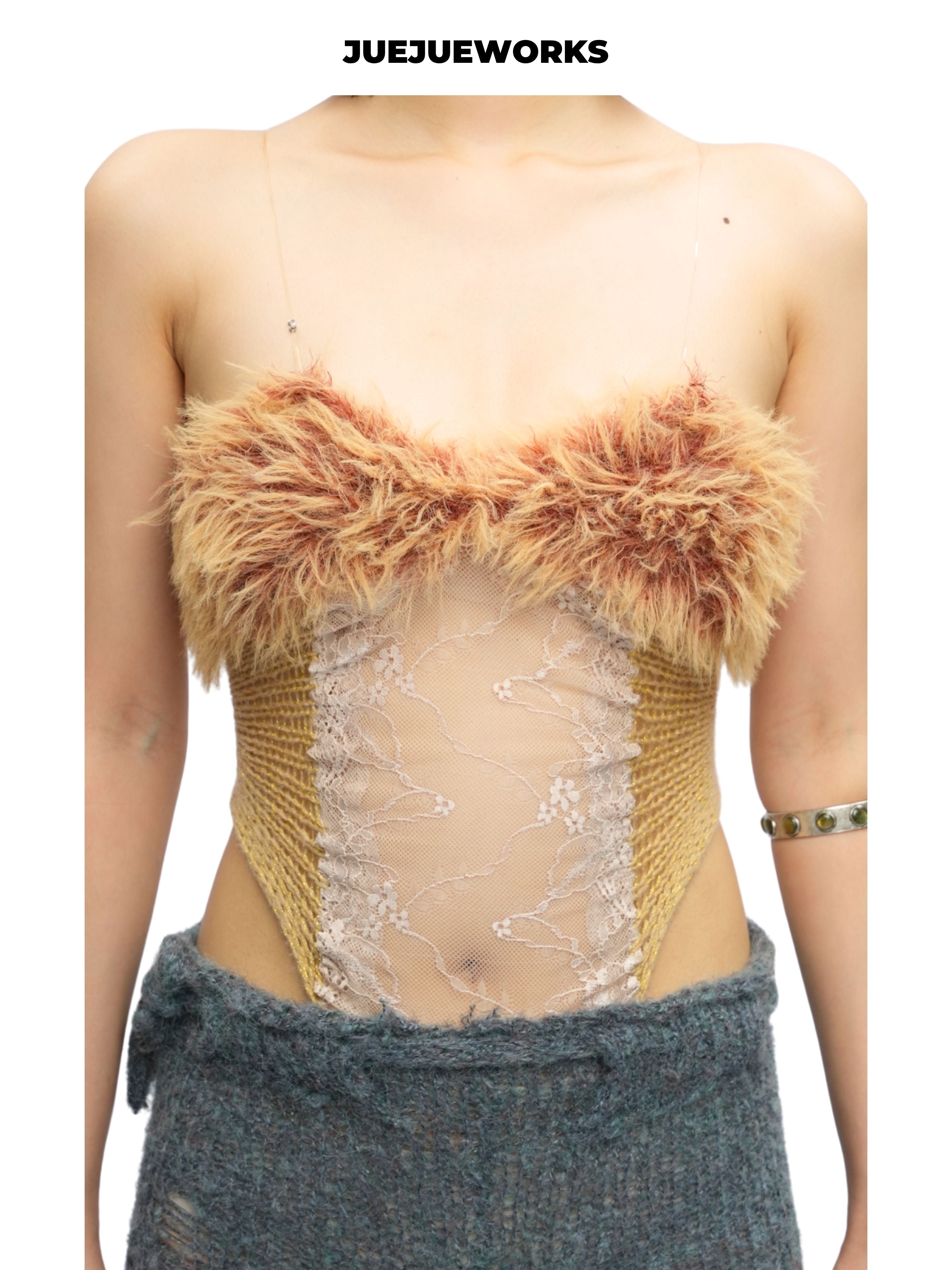 JUEJUEWORKS Golden Feather Fuzzy Trim Tube Top With Mesh Shrug, Sheer Hollow Out High Stretch Adjustable Handmade Yarn Knit Spring Crop Top