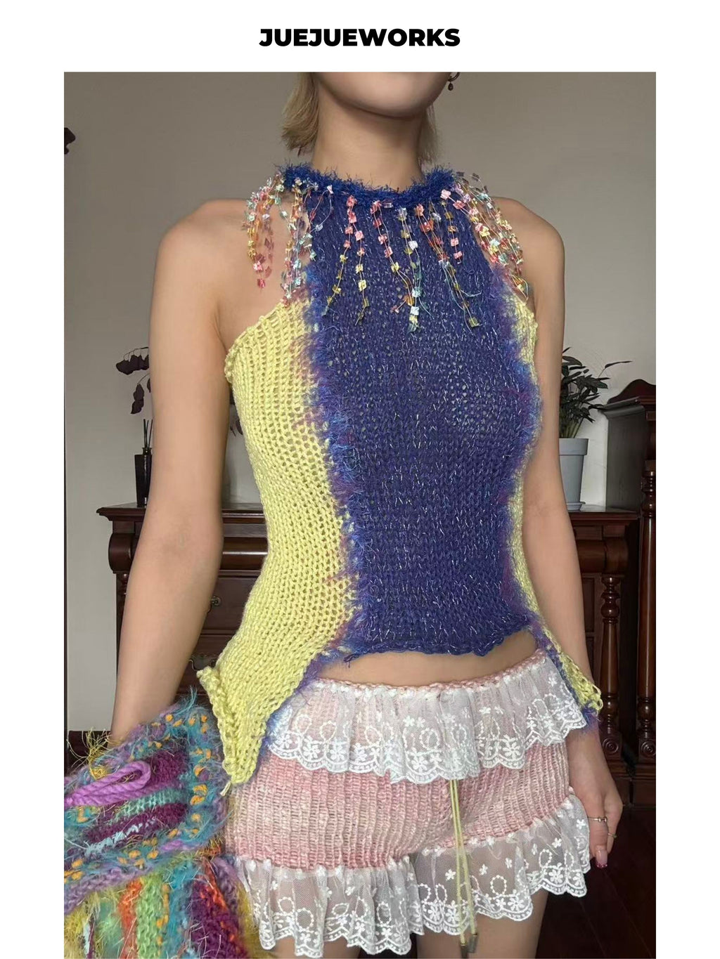 JUEJUEWORKS Yellow Purple Color Block Knit Halter Top, Irregular Hem Retro Y2K Grunge Handmade Knit Cami