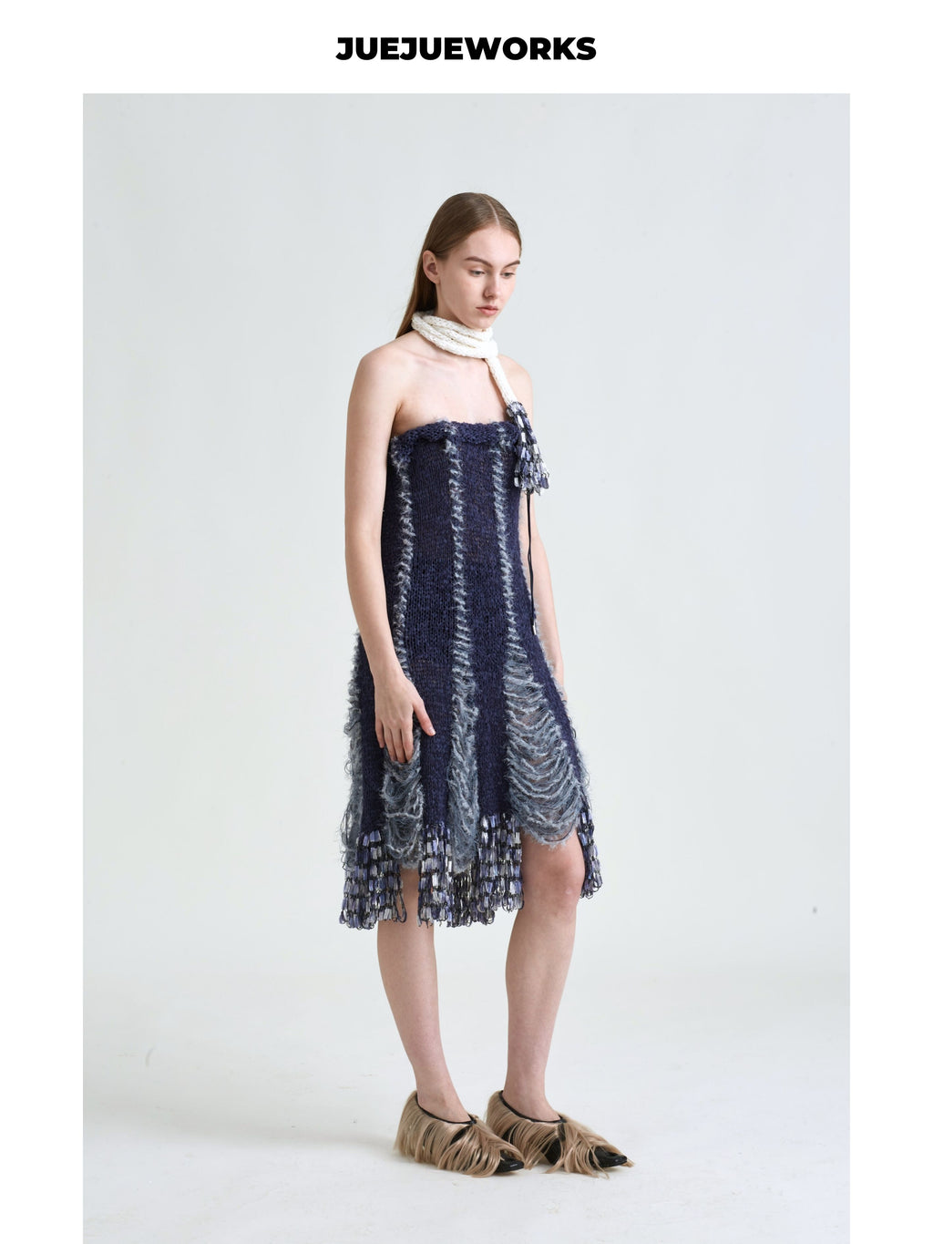 JUEJUEWORKS Dark Blue Frayed Fringe Knit Midi Skirt, Strapless Hollow Out Handmade Knit Body Skirt