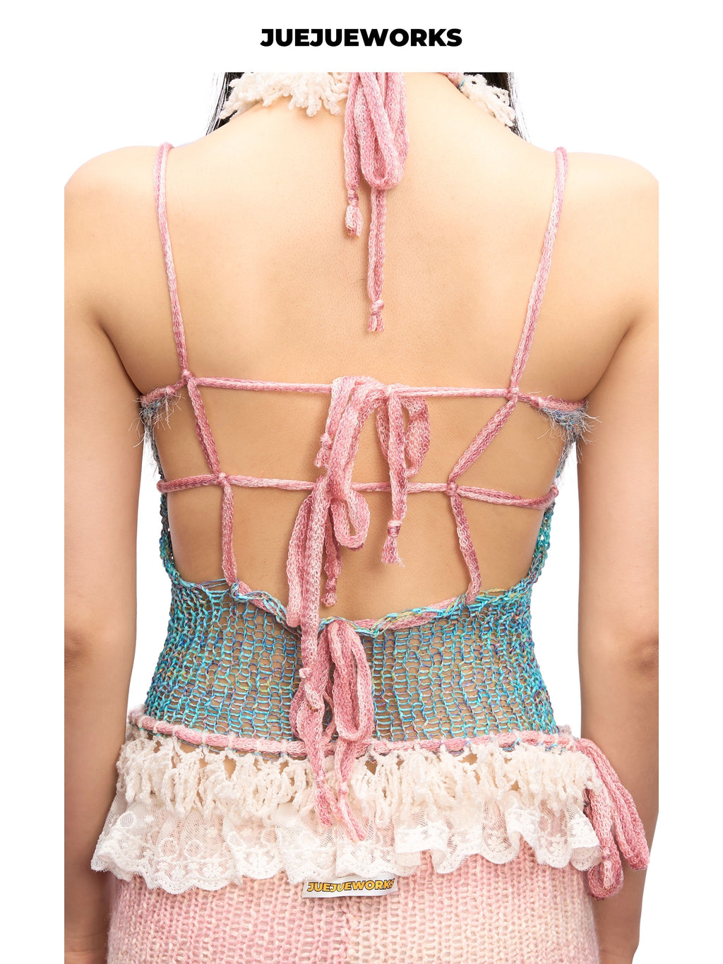 JUEJUEWORKS Sea Salt Mesh Knit Cami, Fringe Collar High Stretch Adjustable Handmade Yarn Knit Spring Top