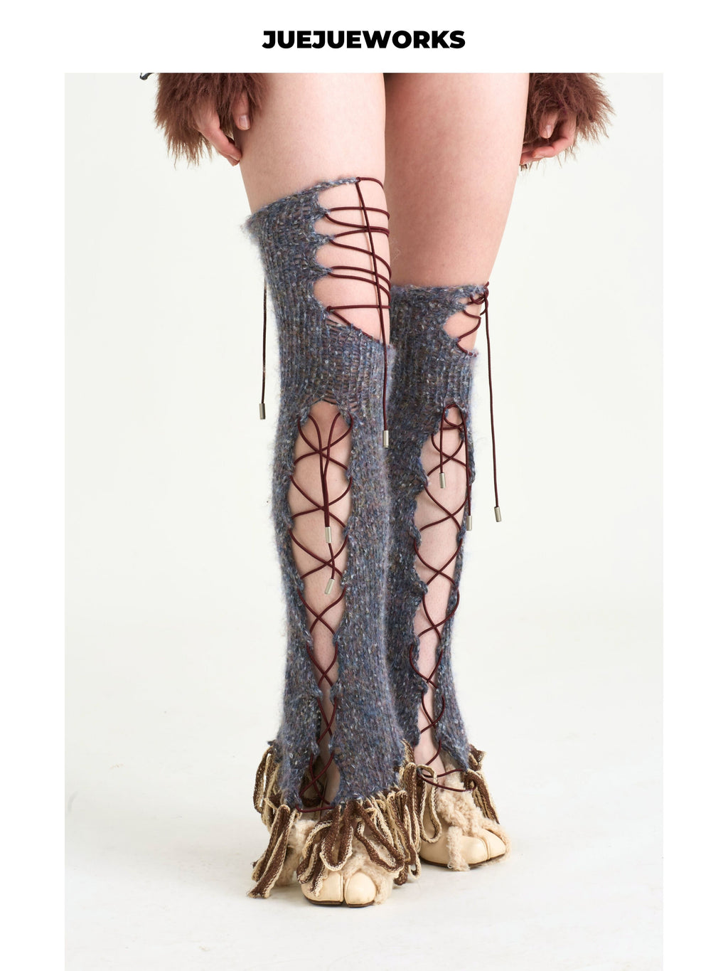 JUEJUEWORKS Crisscross Lace-Up Adjustable Cutout Knit Leg Warmers, Original Handmade Distressed Yarn Knit