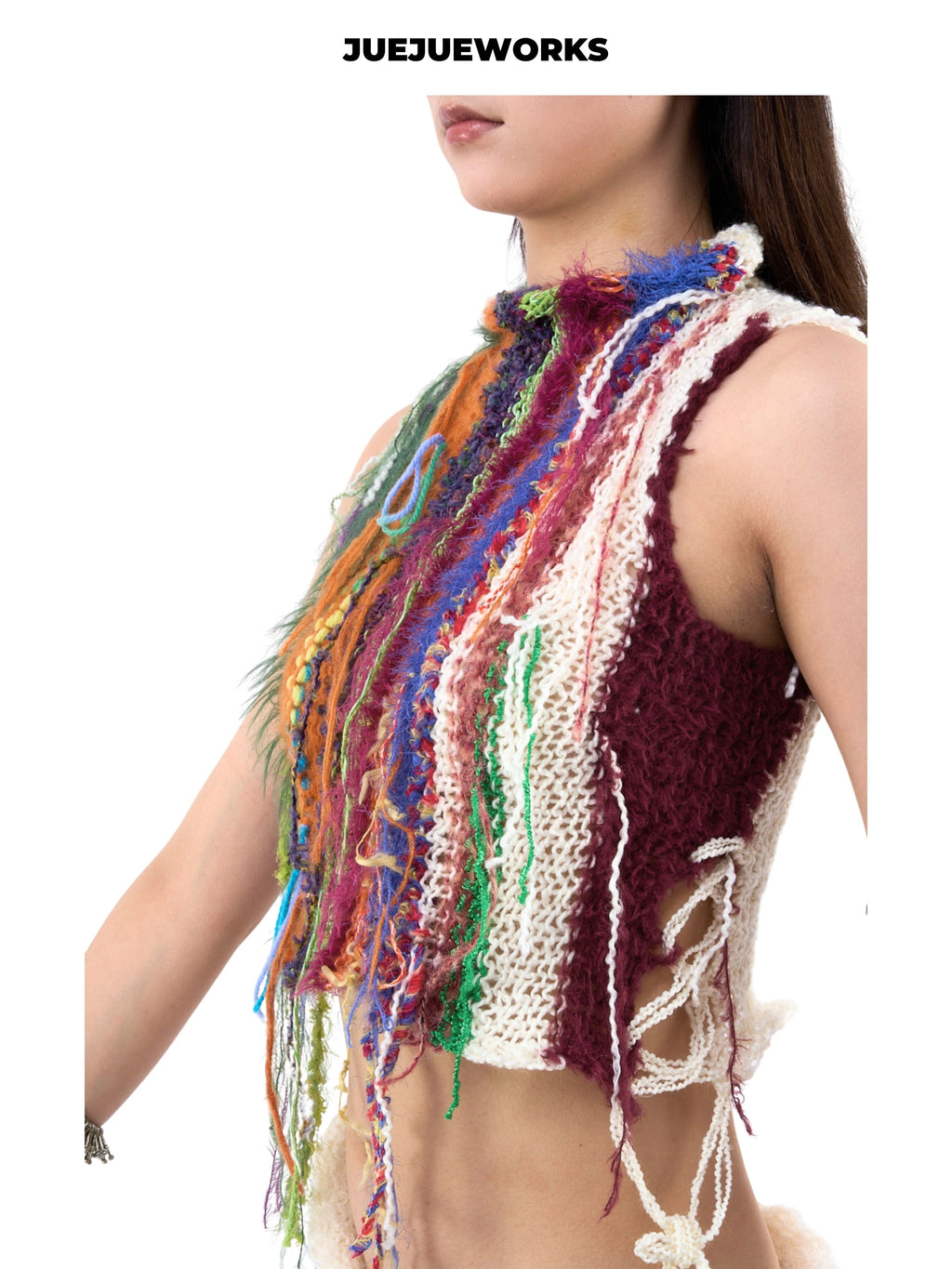JUEJUEWORKS Multicolor Fringe Vest With Side Tie, High Stretch Breathable Slim Fit Handmade Yarn Knit