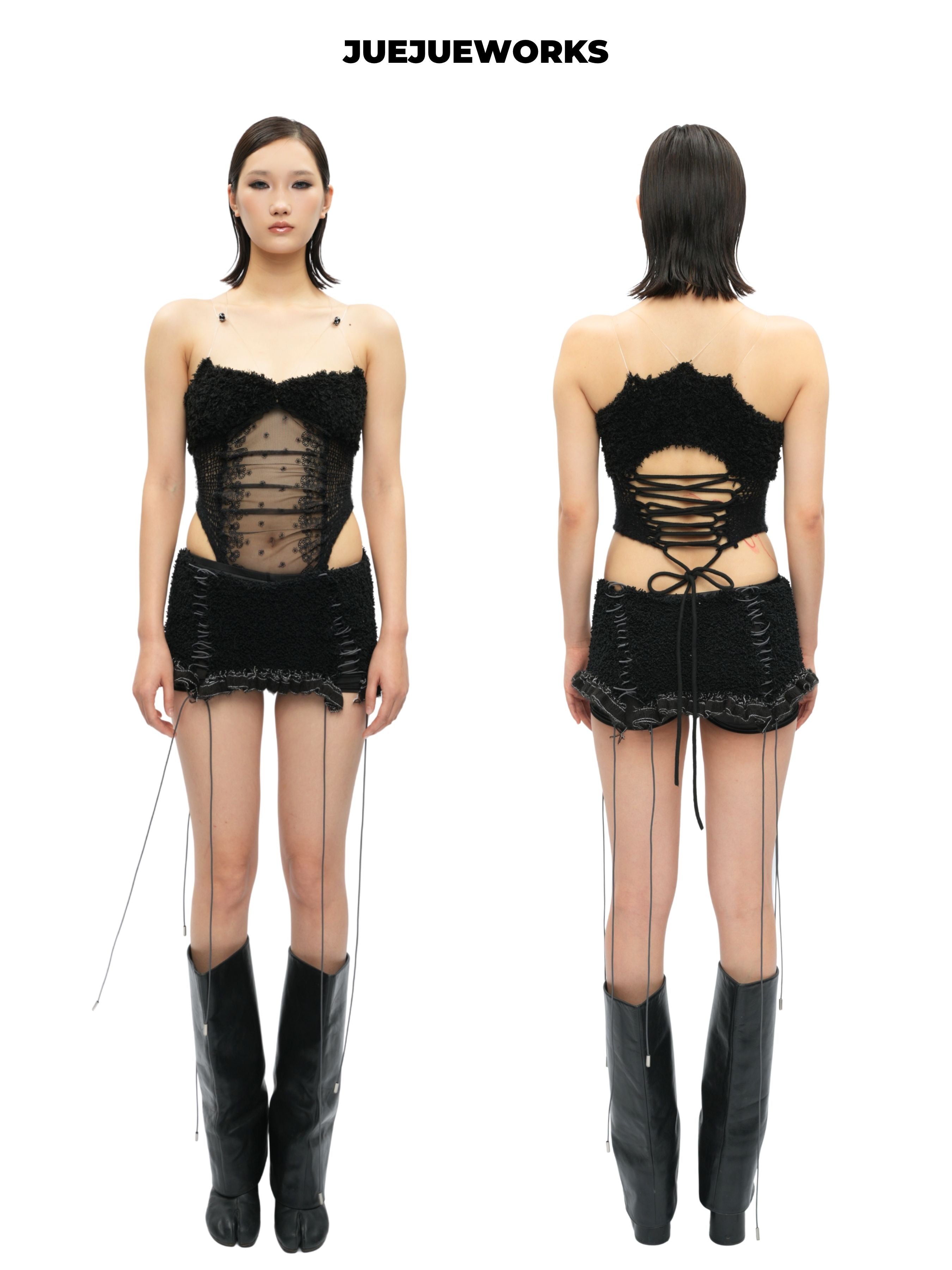JUEJUEWORKS Black Feather Knit Cami Top, Original Spring High Stretch Adjustable Handmade Yarn Knit Top