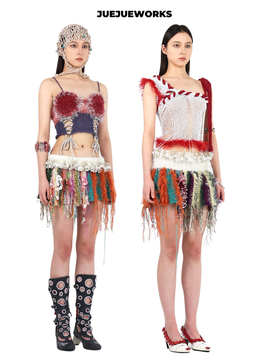 JUEJUEWORKS Original Cherry Mini Skirt, Pure Handmade Yarn Knit Skirt for Spring & Summer