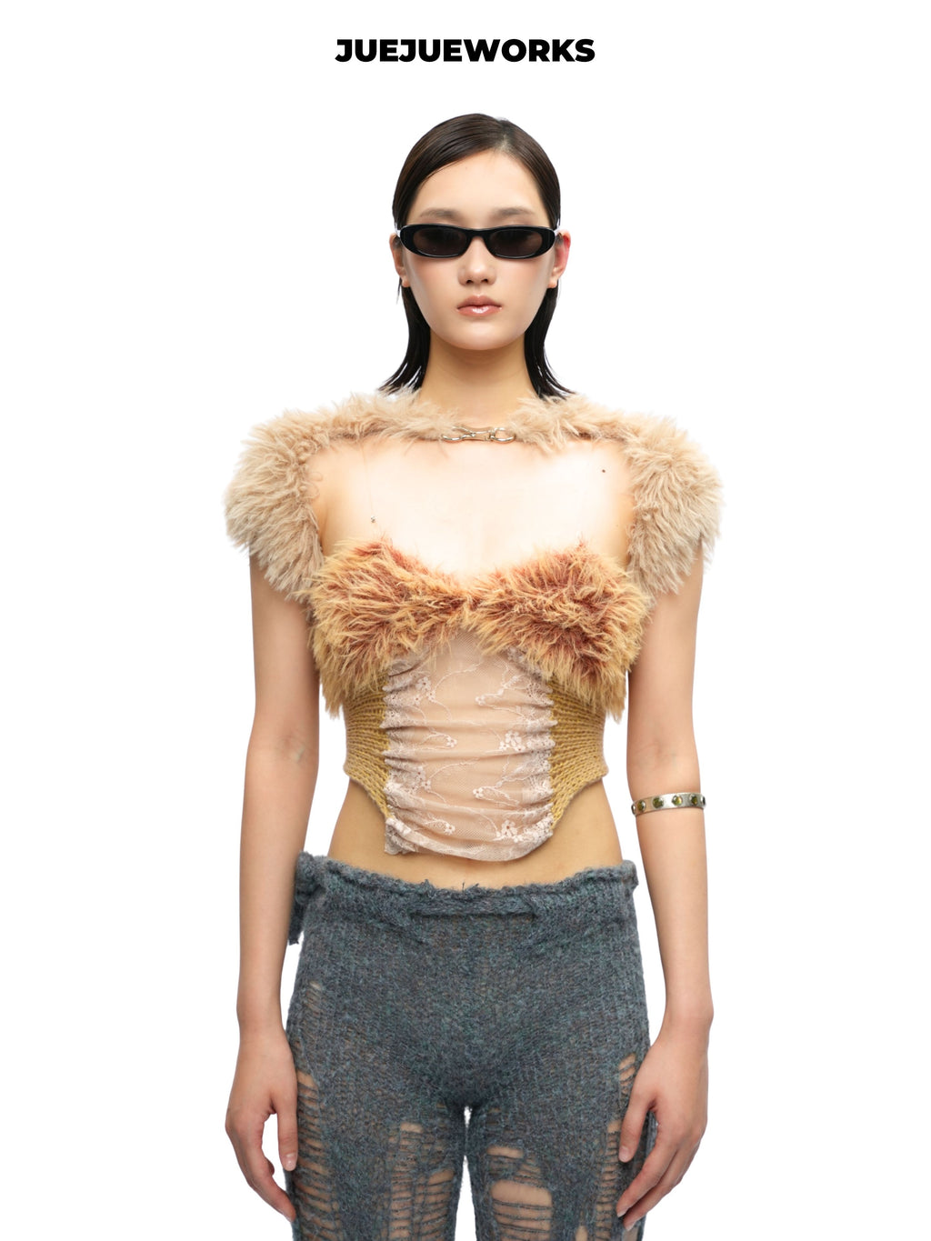 JUEJUEWORKS Golden Feather Fuzzy Trim Tube Top With Mesh Shrug, Sheer Hollow Out High Stretch Adjustable Handmade Yarn Knit Spring Crop Top