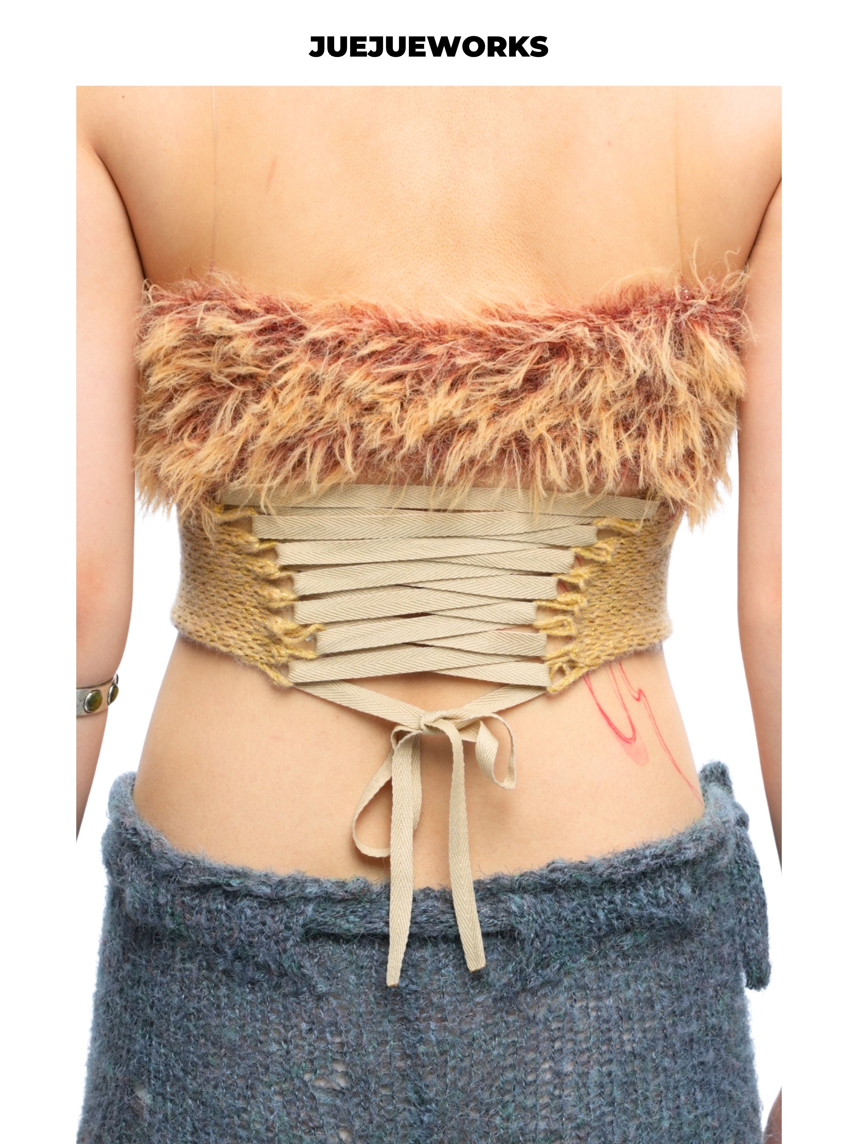JUEJUEWORKS Golden Feather Fuzzy Trim Tube Top With Mesh Shrug, Sheer Hollow Out High Stretch Adjustable Handmade Yarn Knit Spring Crop Top