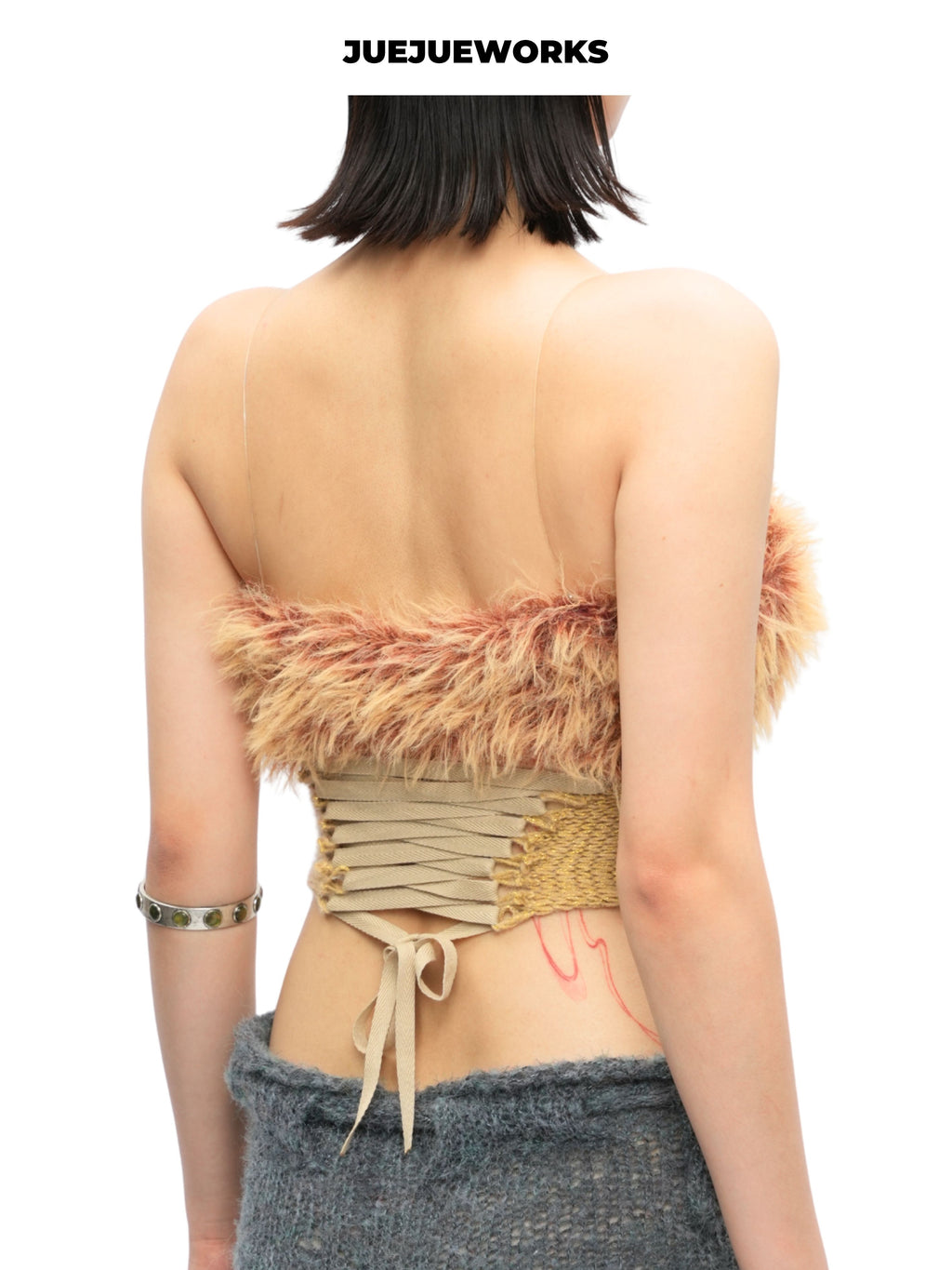 JUEJUEWORKS Golden Feather Fuzzy Trim Tube Top With Mesh Shrug, Sheer Hollow Out High Stretch Adjustable Handmade Yarn Knit Spring Crop Top