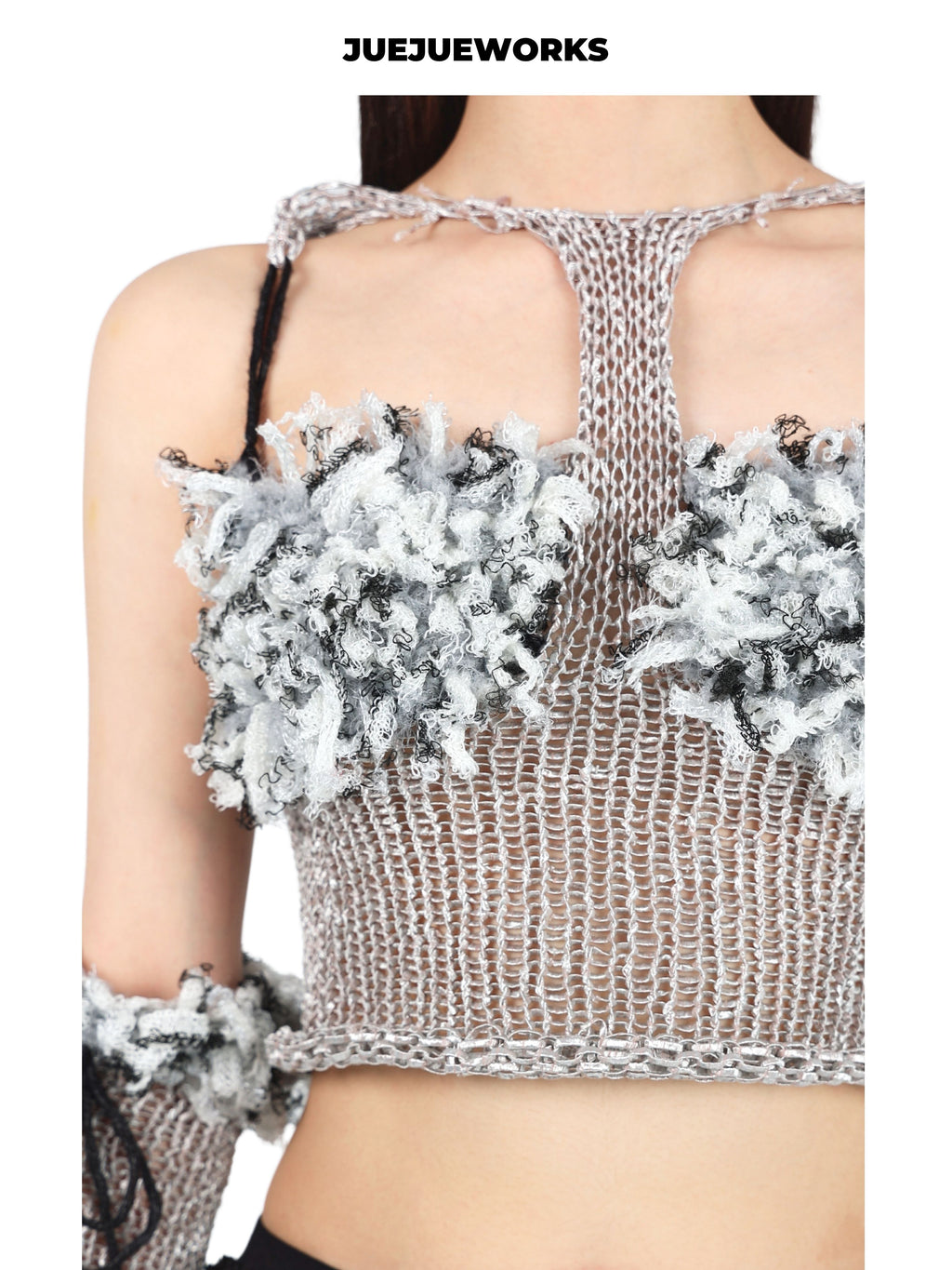 JUEJUEWORKS Silver Fish Knit Set, Distressed High Stretch Hand-Knit Cami Top with Detachable Arm Warmers