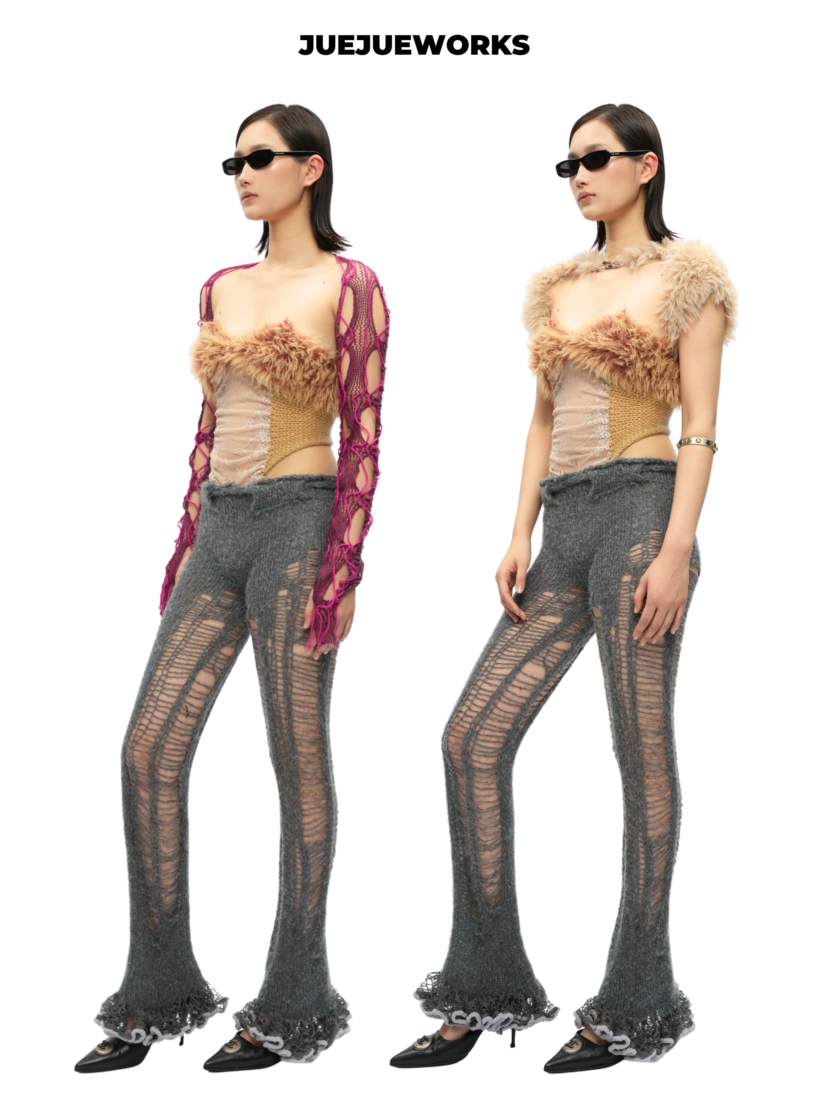 JUEJUEWORKS Golden Feather Fuzzy Trim Tube Top With Mesh Shrug, Sheer Hollow Out High Stretch Adjustable Handmade Yarn Knit Spring Crop Top