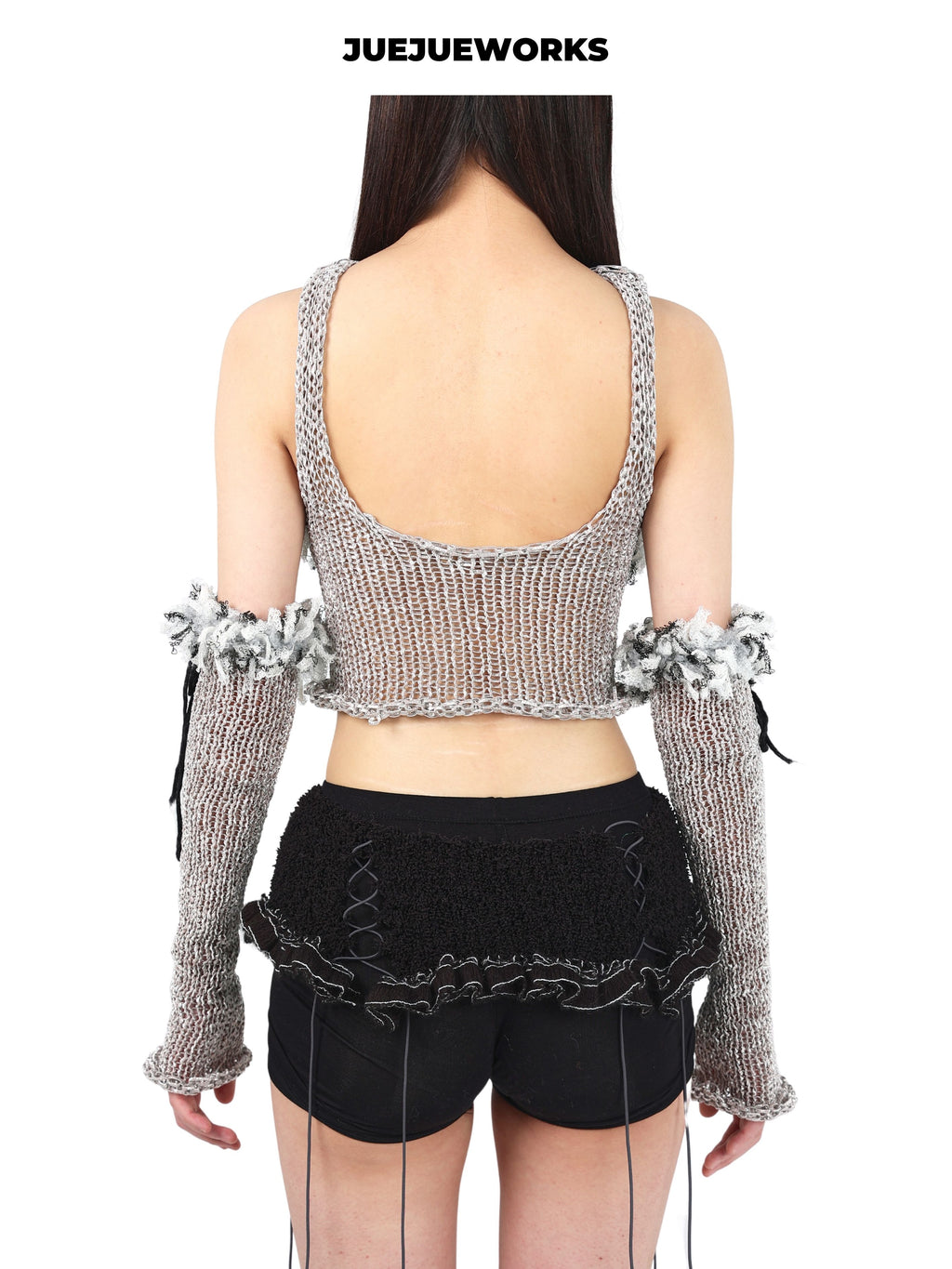 JUEJUEWORKS Silver Fish Knit Set, Distressed High Stretch Hand-Knit Cami Top with Detachable Arm Warmers
