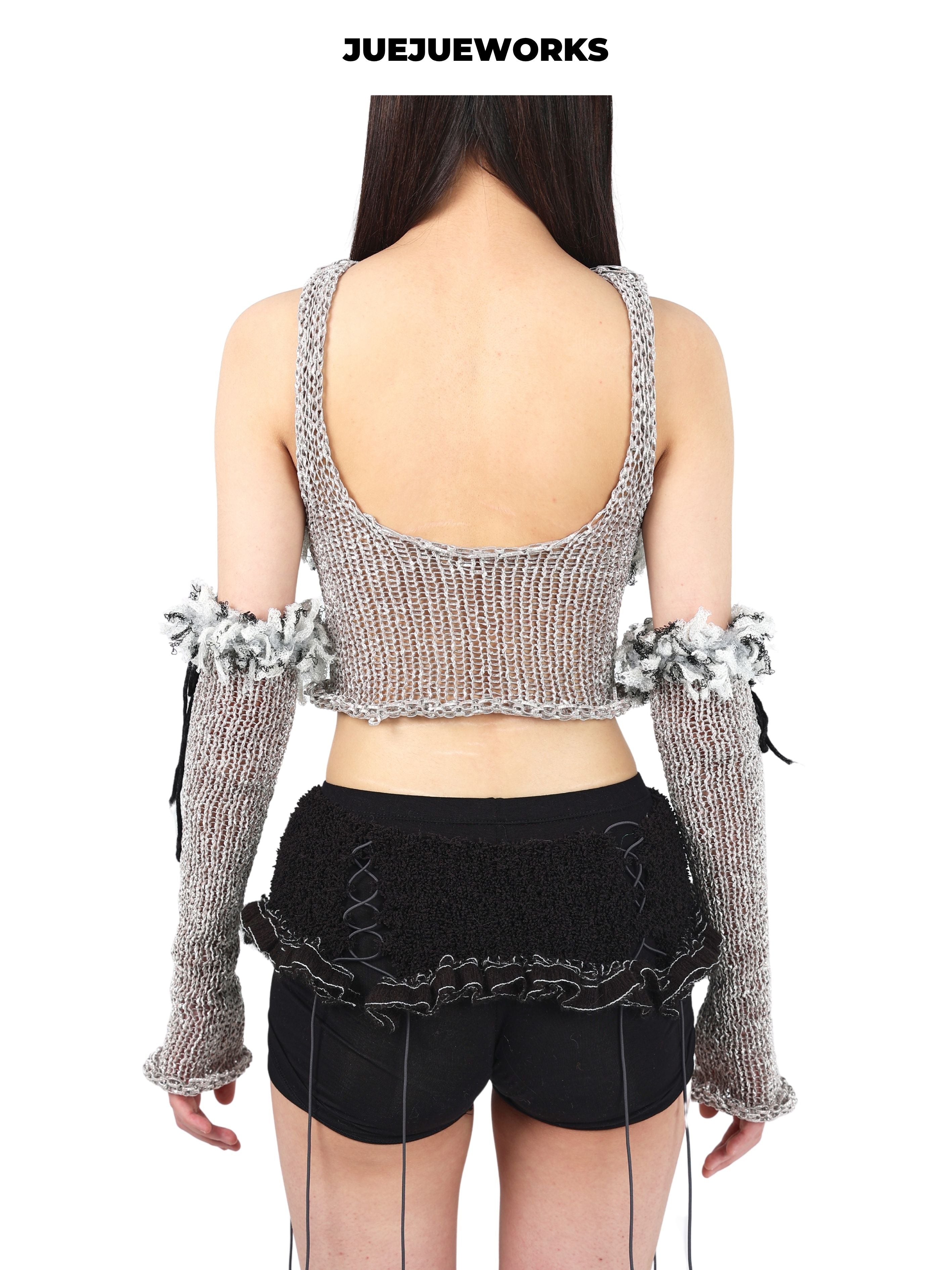 JUEJUEWORKS Silver Fish Knit Set, Distressed High Stretch Hand-Knit Cami Top with Detachable Arm Warmers