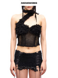 JUEJUEWORKS Black Raven Asymmetric Fuzzy Knit Cami, Mesh Hollow Out High Stretch Adjustable Handmade Yarn Knit Summer Crop Top