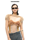 JUEJUEWORKS Golden Feather Fuzzy Trim Tube Top With Mesh Shrug, Sheer Hollow Out High Stretch Adjustable Handmade Yarn Knit Spring Crop Top