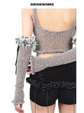 JUEJUEWORKS Silver Fish Knit Set, Distressed High Stretch Hand-Knit Cami Top with Detachable Arm Warmers