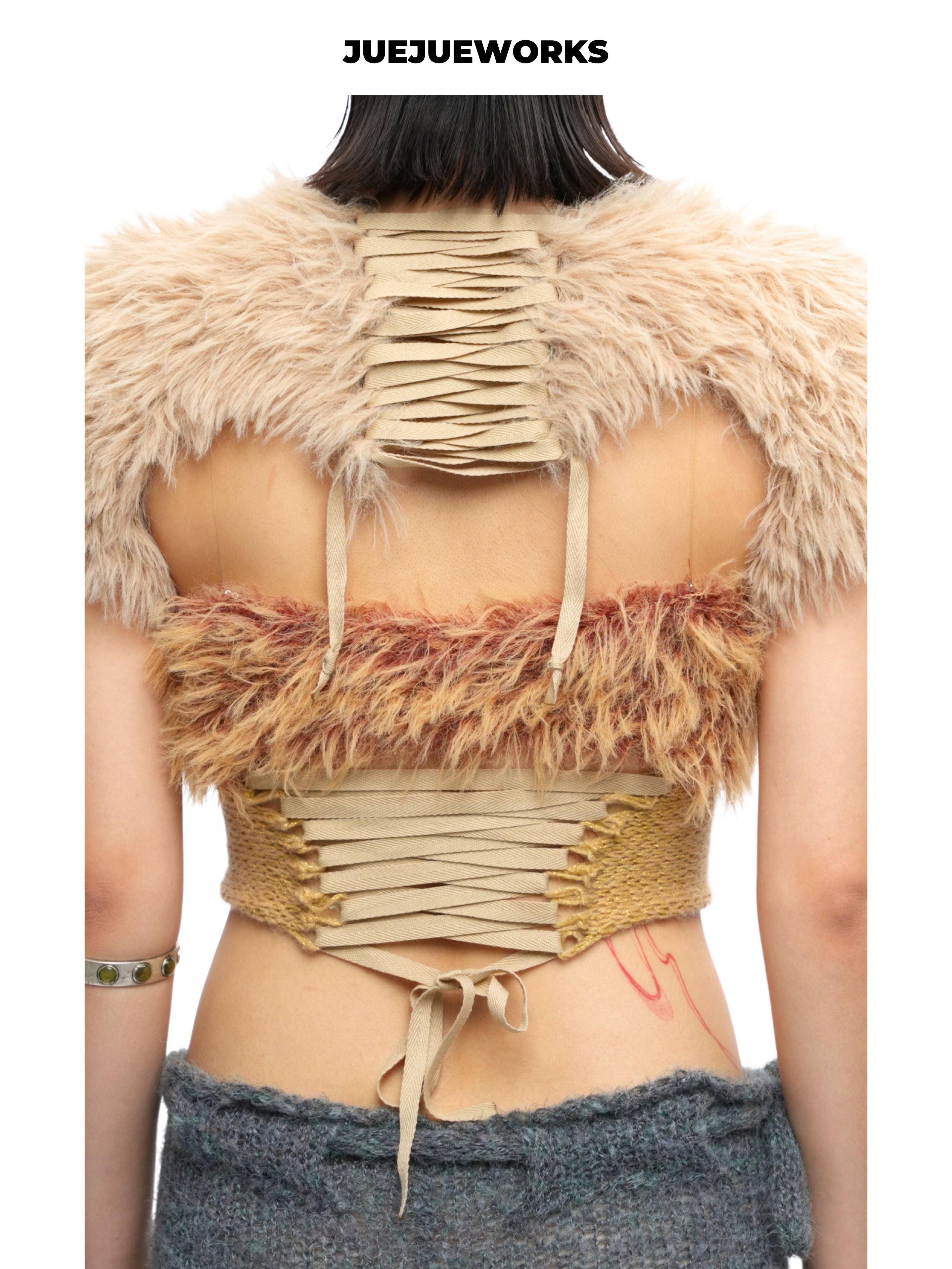JUEJUEWORKS Golden Feather Fuzzy Trim Tube Top With Mesh Shrug, Sheer Hollow Out High Stretch Adjustable Handmade Yarn Knit Spring Crop Top