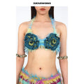 JUEJUEWORKS Hand-Knit 3D Rose Sculptural Fluffy Halter Bikini Top Avant-Garde Adjustable Tie-Up Artisanal Knit Bralette