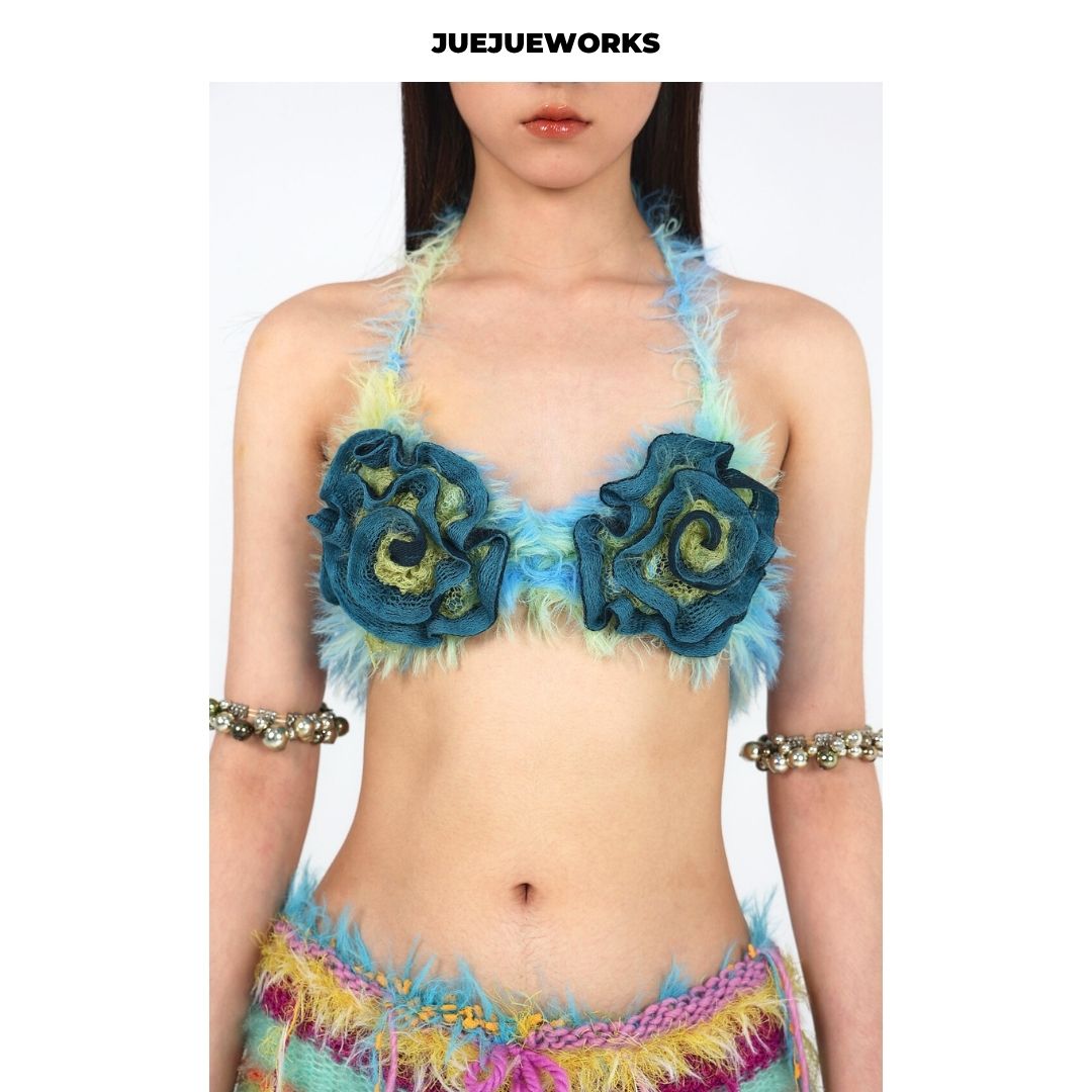 JUEJUEWORKS Hand-Knit 3D Rose Sculptural Fluffy Halter Bikini Top Avant-Garde Adjustable Tie-Up Artisanal Knit Bralette