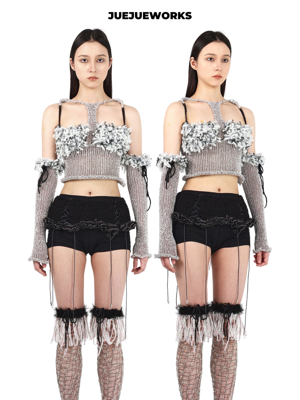 JUEJUEWORKS Silver Fish Knit Set, Distressed High Stretch Hand-Knit Cami Top with Detachable Arm Warmers