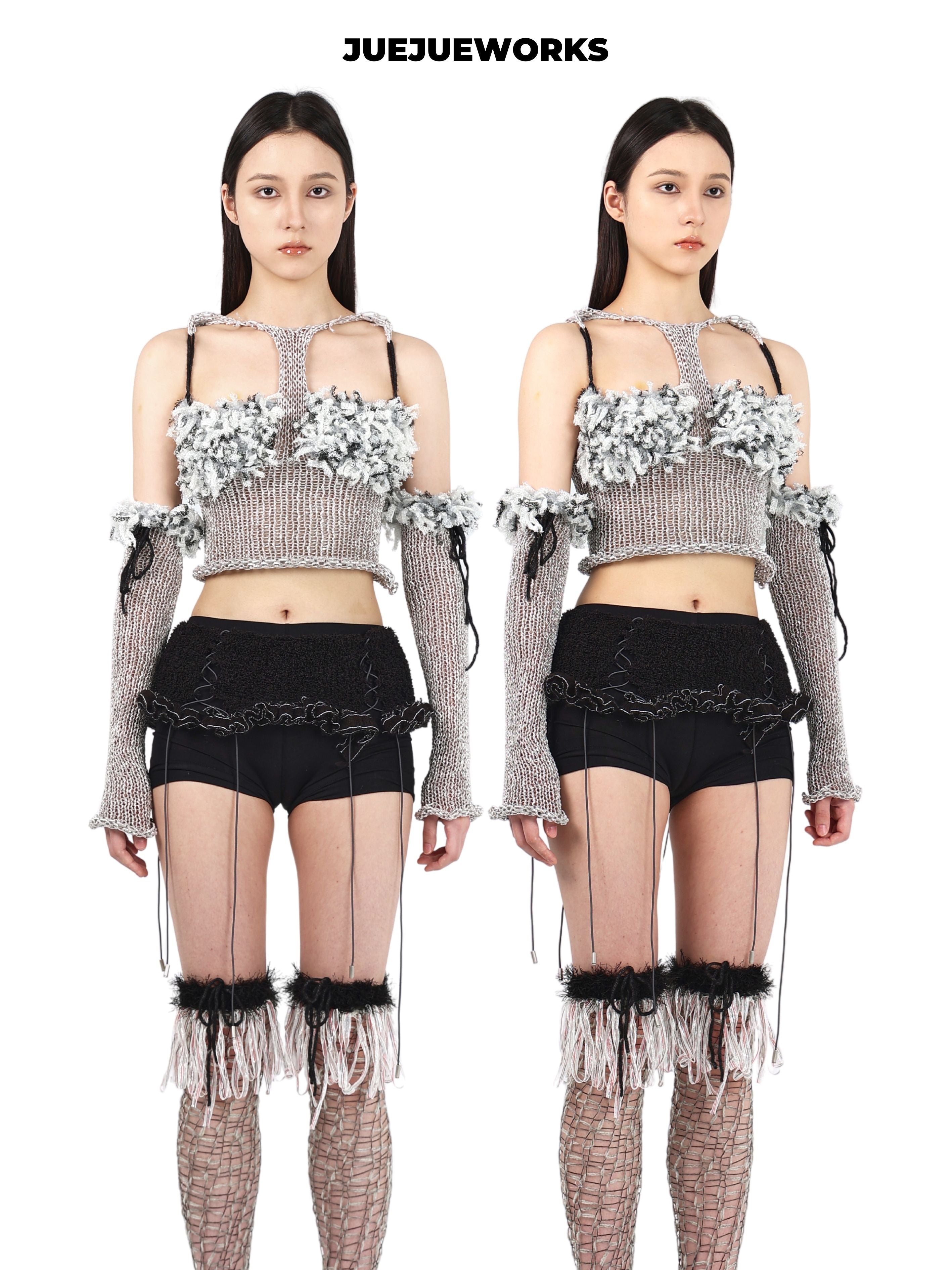 JUEJUEWORKS Silver Fish Knit Set, Distressed High Stretch Hand-Knit Cami Top with Detachable Arm Warmers