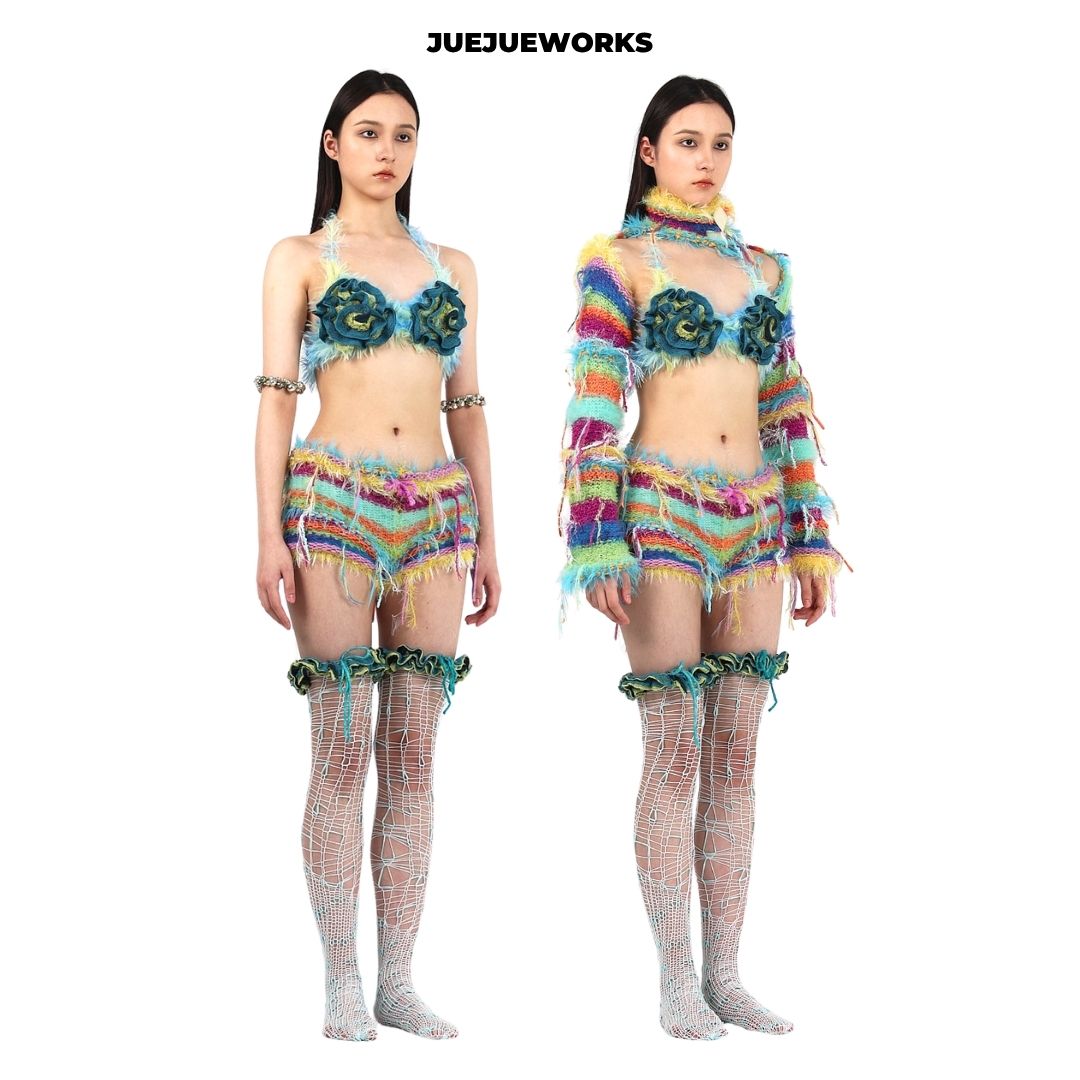 JUEJUEWORKS Hand-Knit 3D Rose Sculptural Fluffy Halter Bikini Top Avant-Garde Adjustable Tie-Up Artisanal Knit Bralette