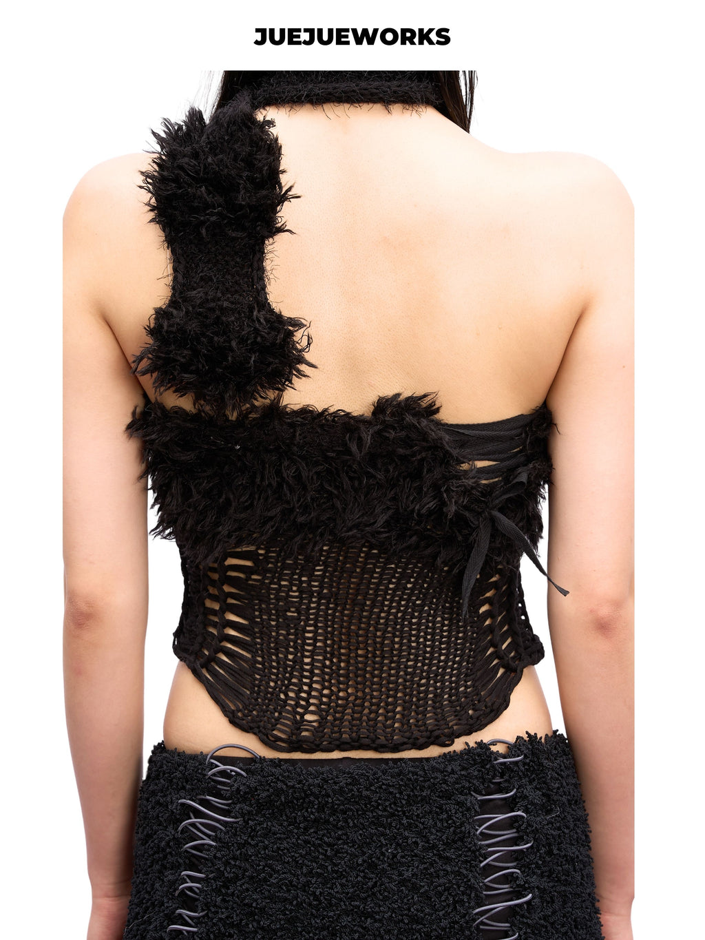 JUEJUEWORKS Black Raven Asymmetric Fuzzy Knit Cami, Mesh Hollow Out High Stretch Adjustable Handmade Yarn Knit Summer Crop Top