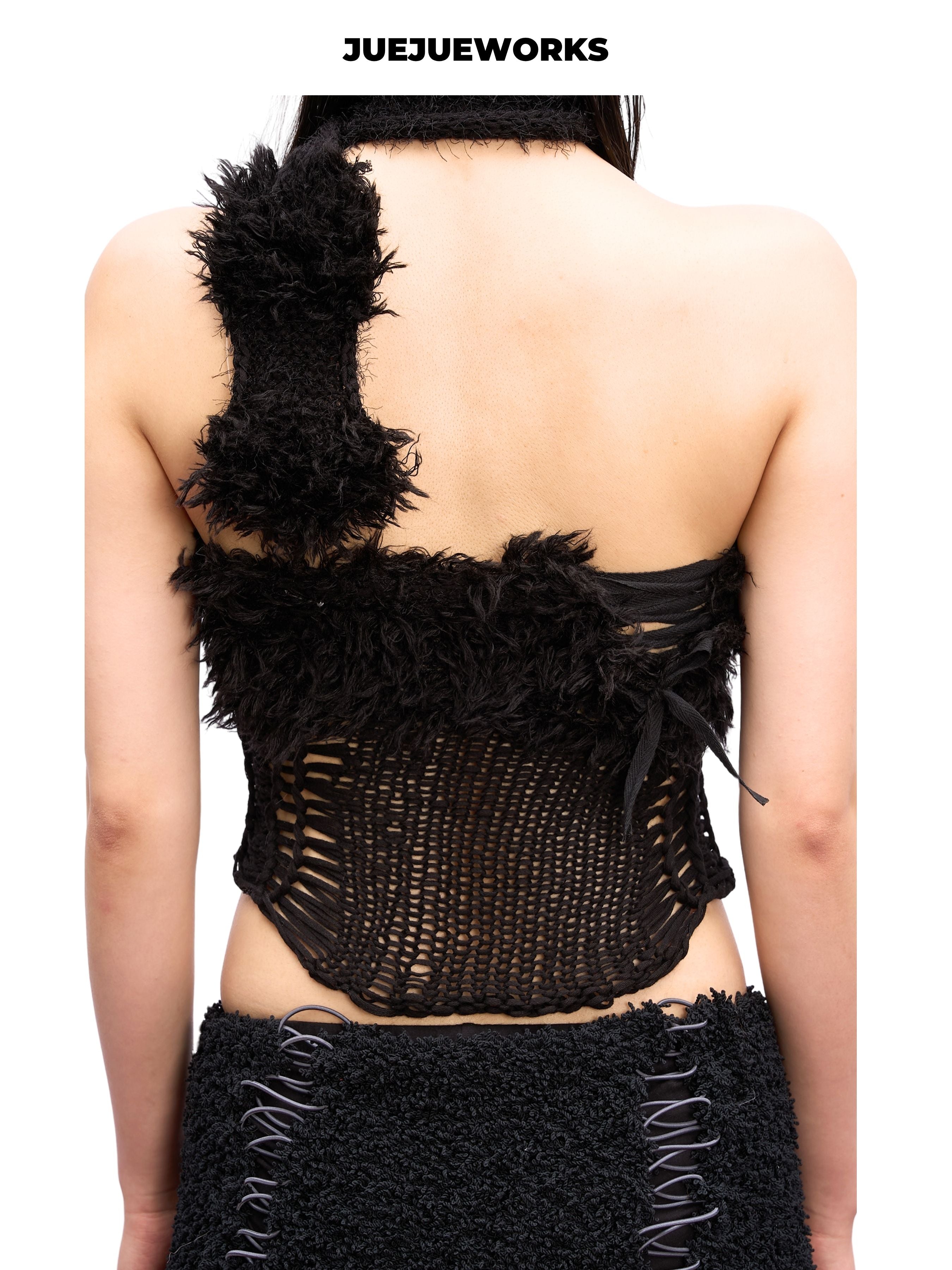 JUEJUEWORKS Black Raven Asymmetric Fuzzy Knit Cami, Mesh Hollow Out High Stretch Adjustable Handmade Yarn Knit Summer Crop Top