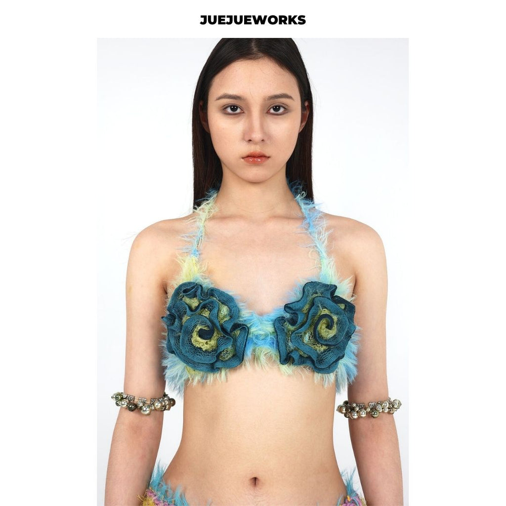 JUEJUEWORKS Hand-Knit 3D Rose Sculptural Fluffy Halter Bikini Top Avant-Garde Adjustable Tie-Up Artisanal Knit Bralette