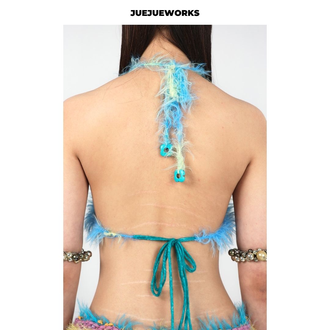 JUEJUEWORKS Hand-Knit 3D Rose Sculptural Fluffy Halter Bikini Top Avant-Garde Adjustable Tie-Up Artisanal Knit Bralette
